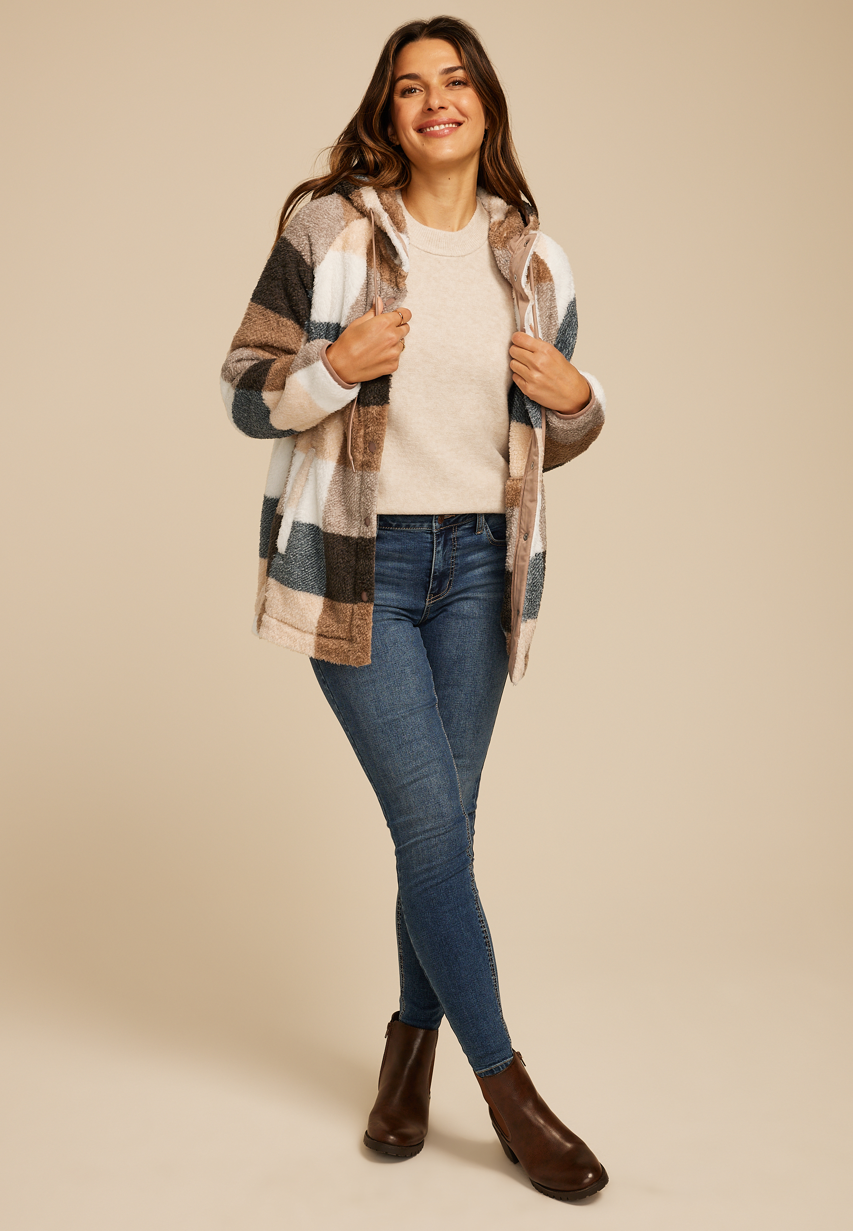 Sherpa Plaid Hooded Snap Button Front Jacket, MULTI, large