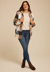 Sherpa Plaid Hooded Snap Button Front Jacket, MULTI, small