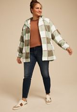 Plus Size Sherpa Plaid Hooded Snap Button Front Jacket, C4477, small