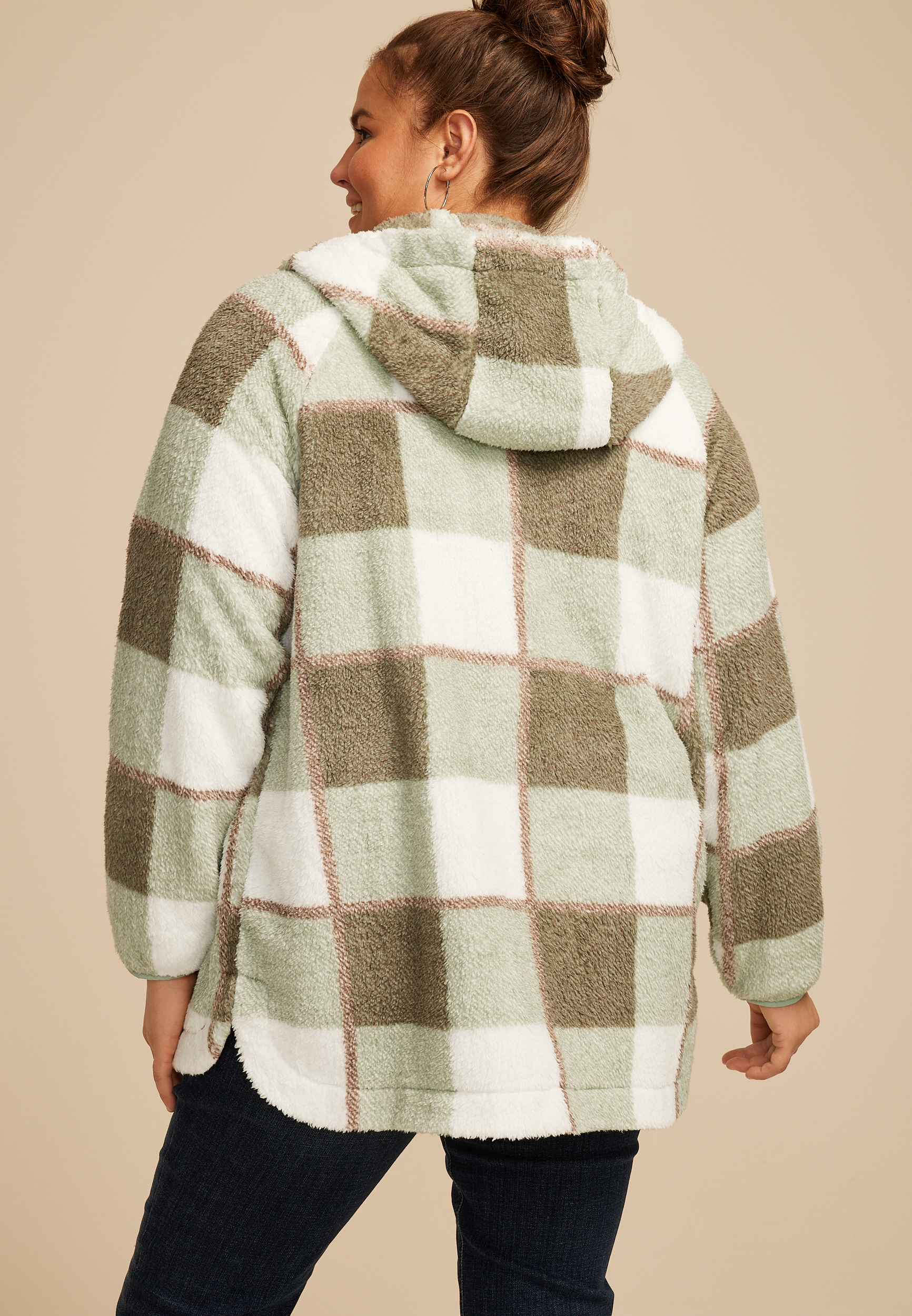Plus Size Sherpa Plaid Hooded Snap Button Front Jacket, C4477, large