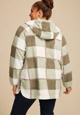 Plus Size Sherpa Plaid Hooded Snap Button Front Jacket, C4477, small