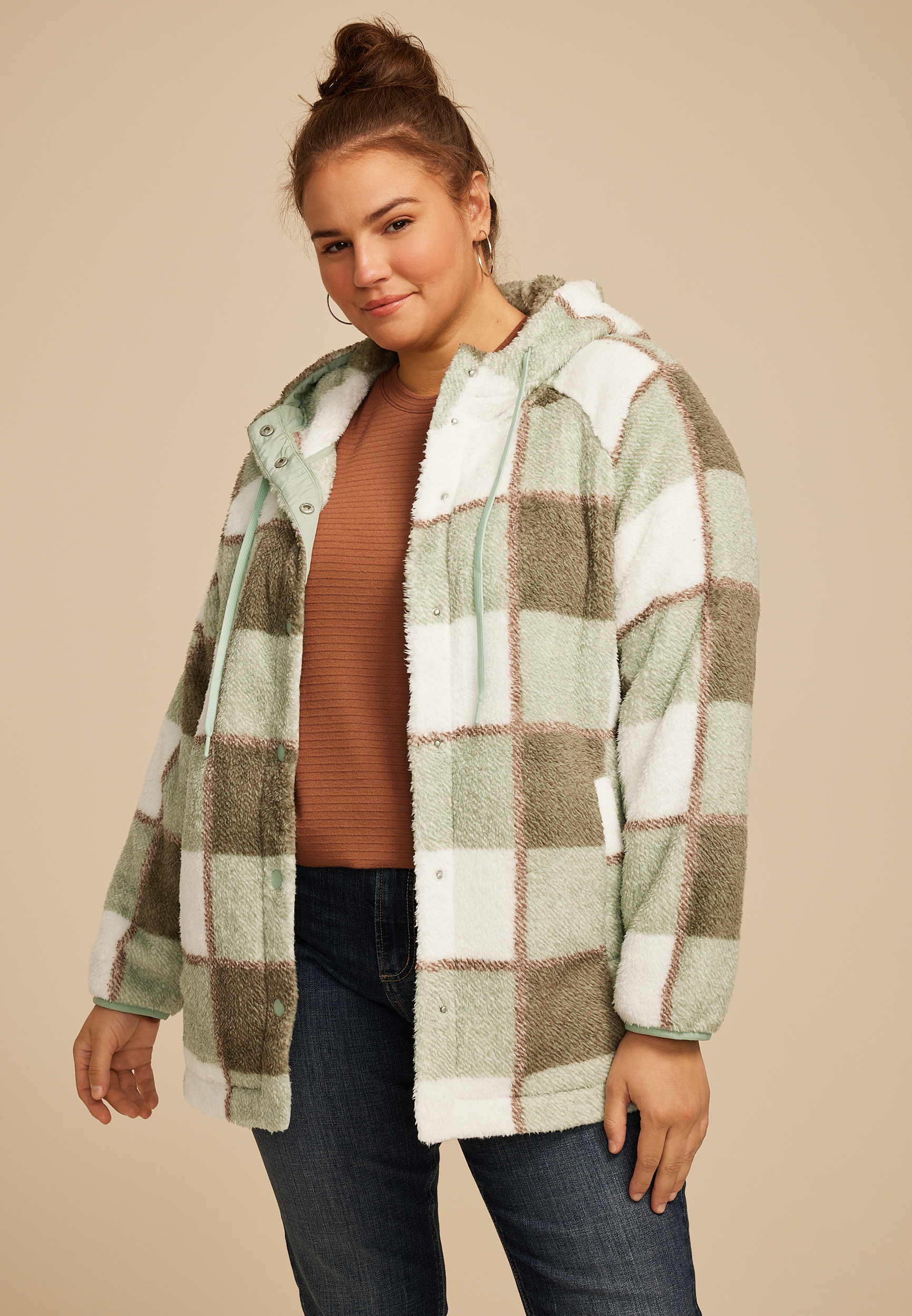 Plus Size Sherpa Plaid Hooded Snap Button Front Jacket maurices