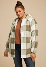Plus Size Sherpa Plaid Hooded Snap Button Front Jacket, C4477, small