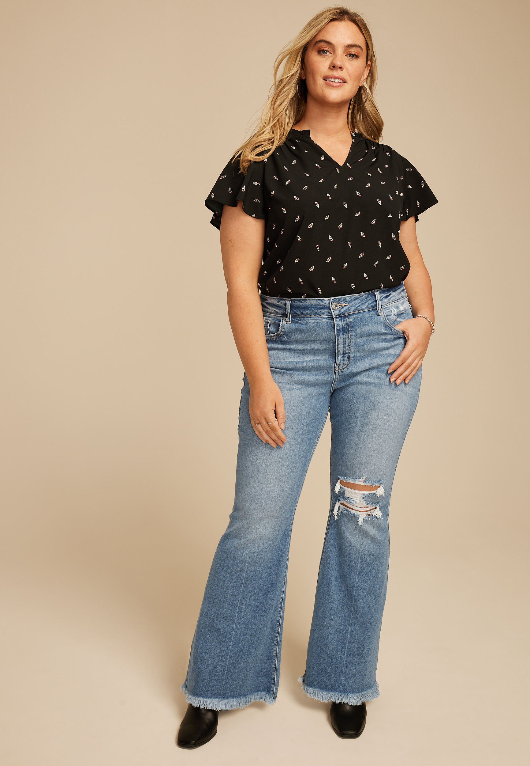 Plus Size KanCan™High Rise Open Ripped Flare Jean