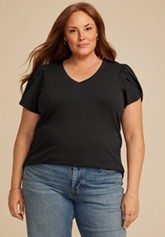 Plus Size Solid Long Sleeve Snap Button Cuff Top