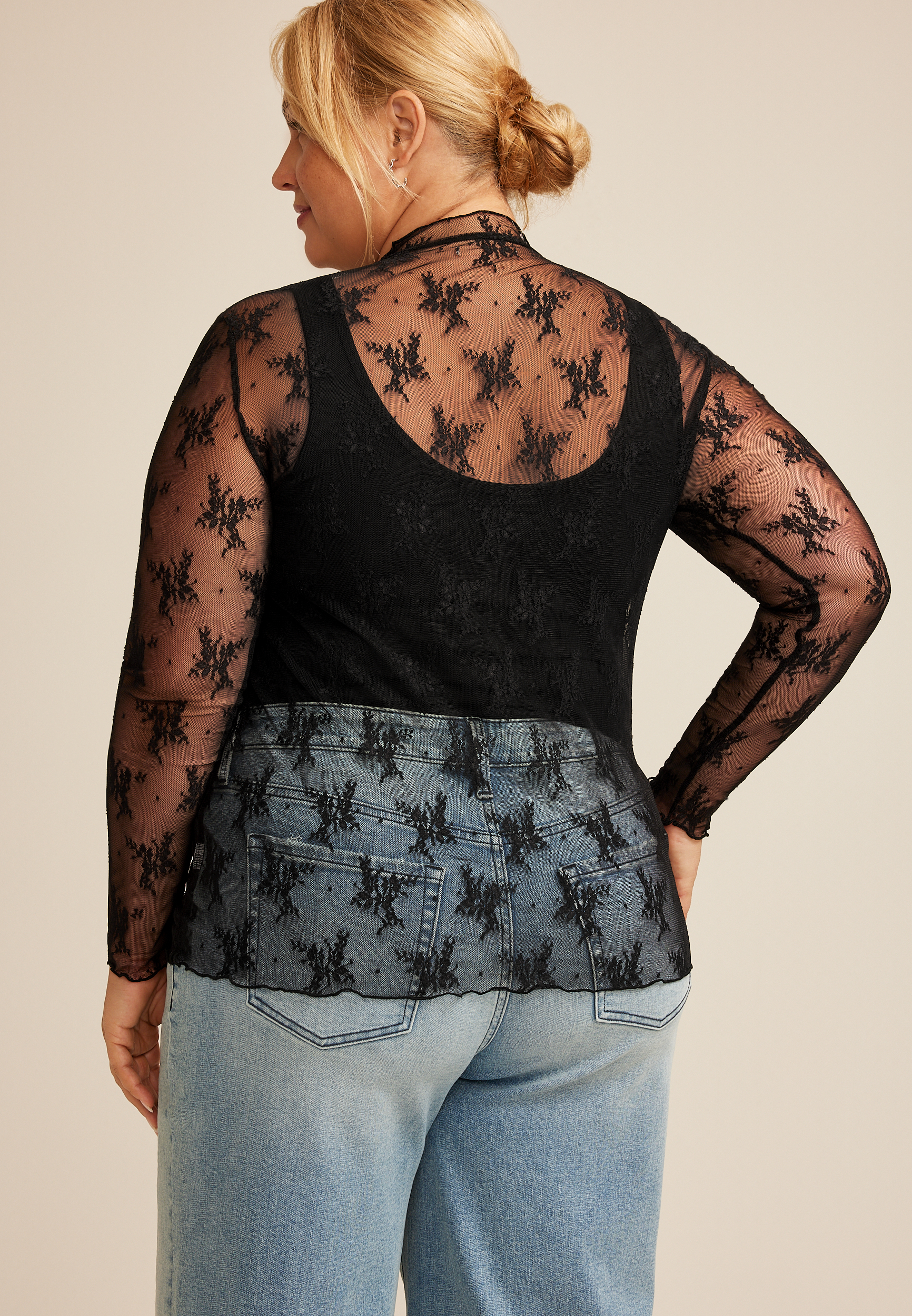 Plus Size Embroidered Floral Sheer Lace Mock Neck Blouse | maurices
