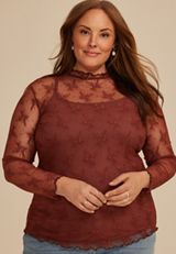 Plus Size Embroidered Floral Sheer Lace Mock Neck Blouse, C8065, small