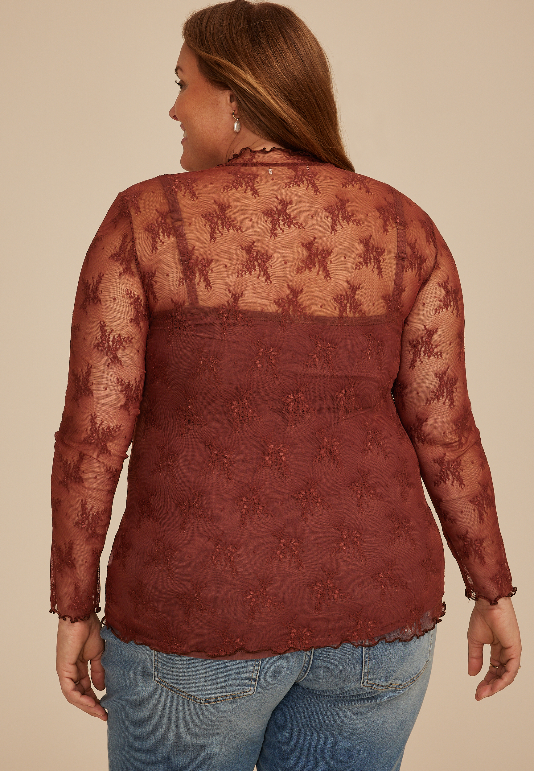 Plus Size Embroidered Floral Sheer Lace Mock Neck Blouse, C8065, large