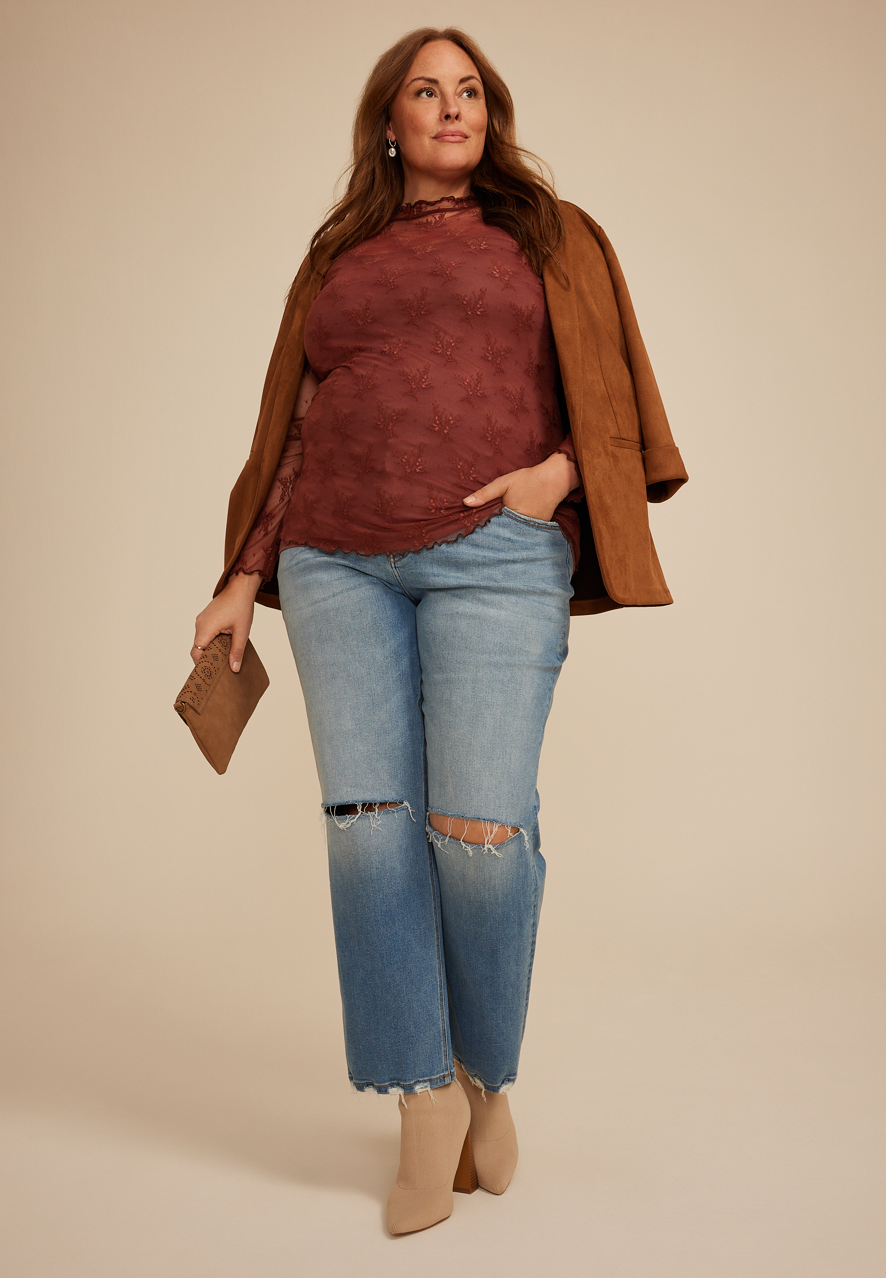Plus Size Embroidered Floral Sheer Lace Mock Neck Blouse, C8065, large