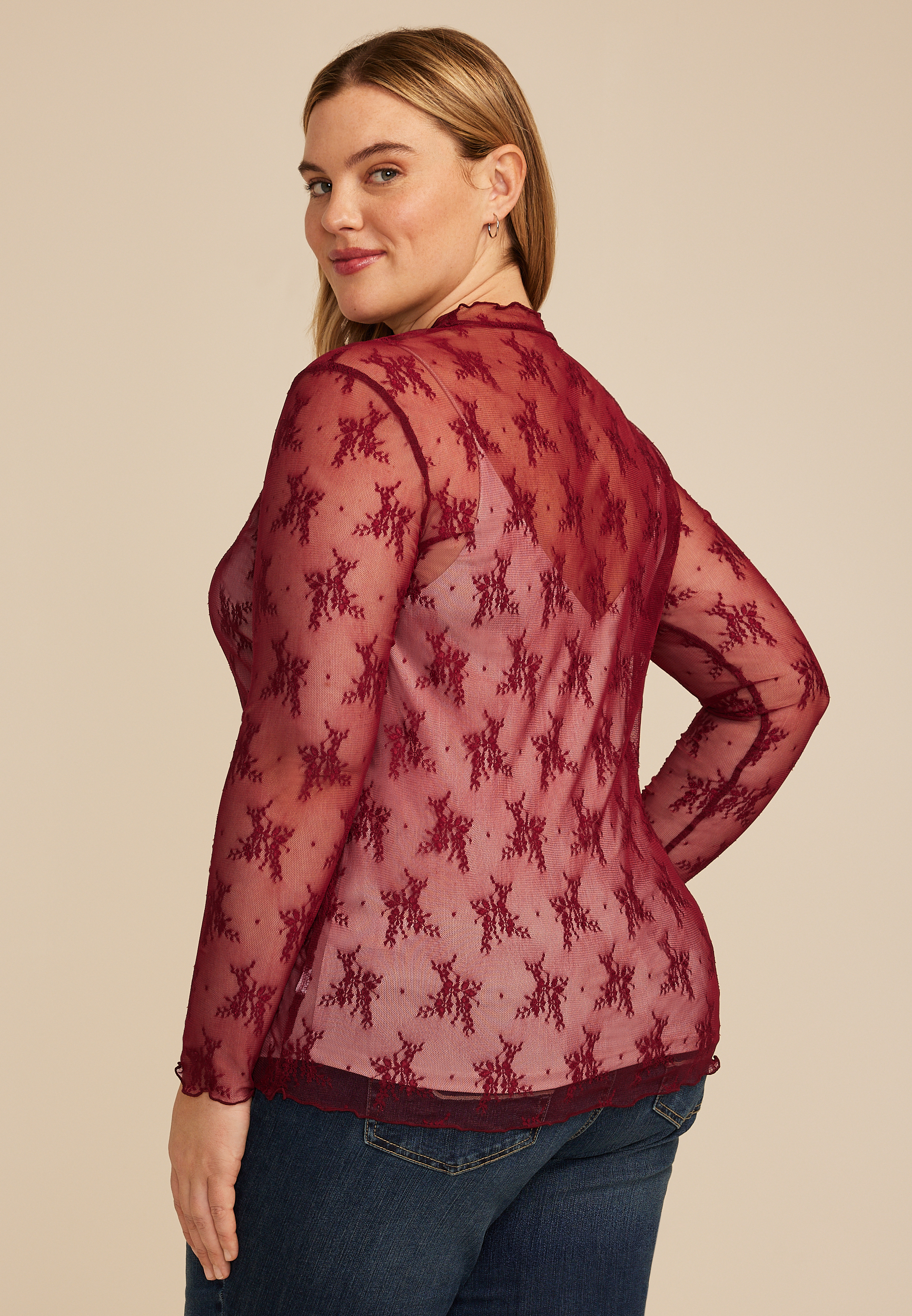 Plus Size Embroidered Floral Sheer Lace Mock Neck Blouse