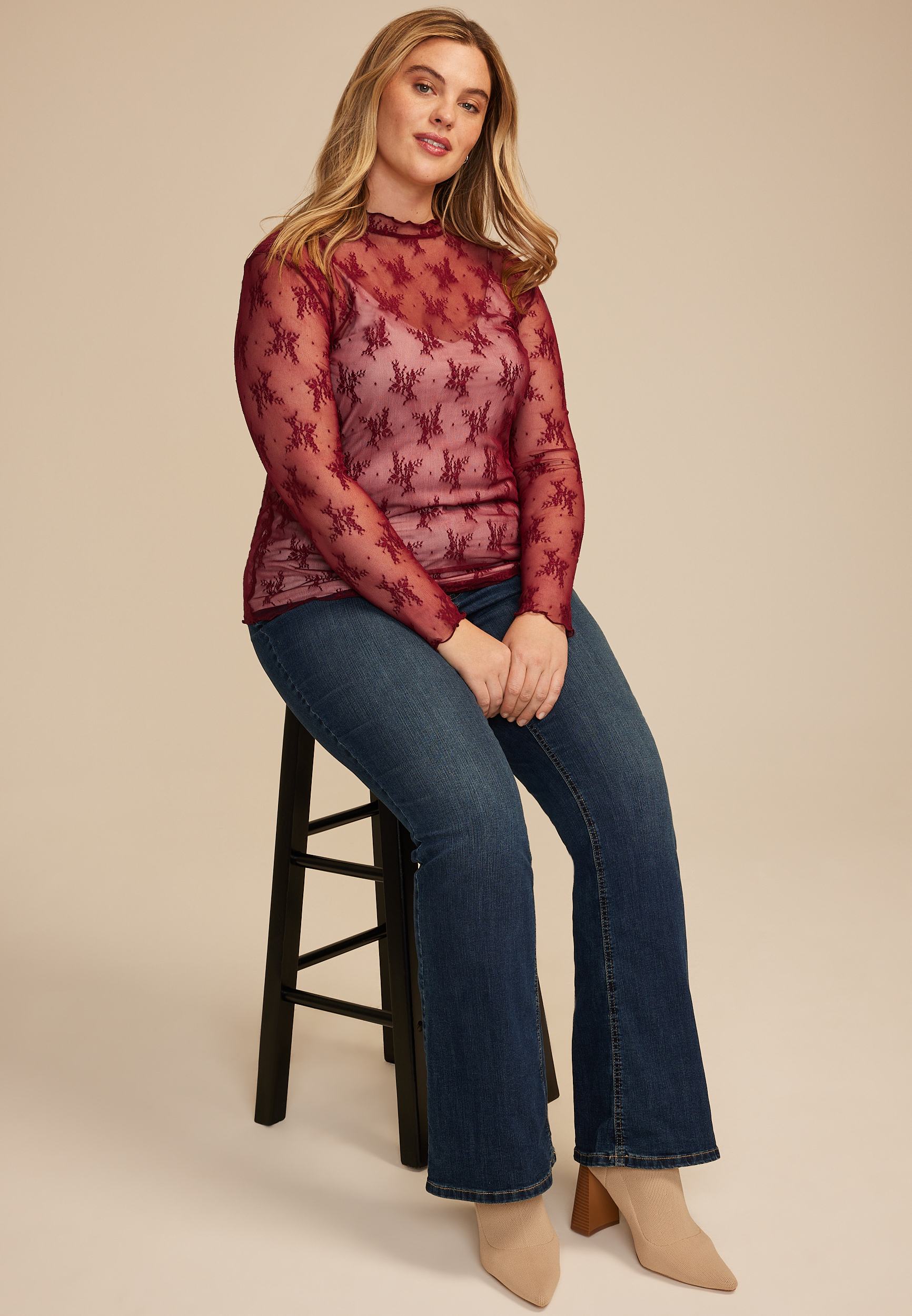 Plus Size Embroidered Floral Sheer Lace Mock Neck Blouse
