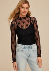 Embroidered Floral Sheer Lace Mock Neck Blouse, C106, small