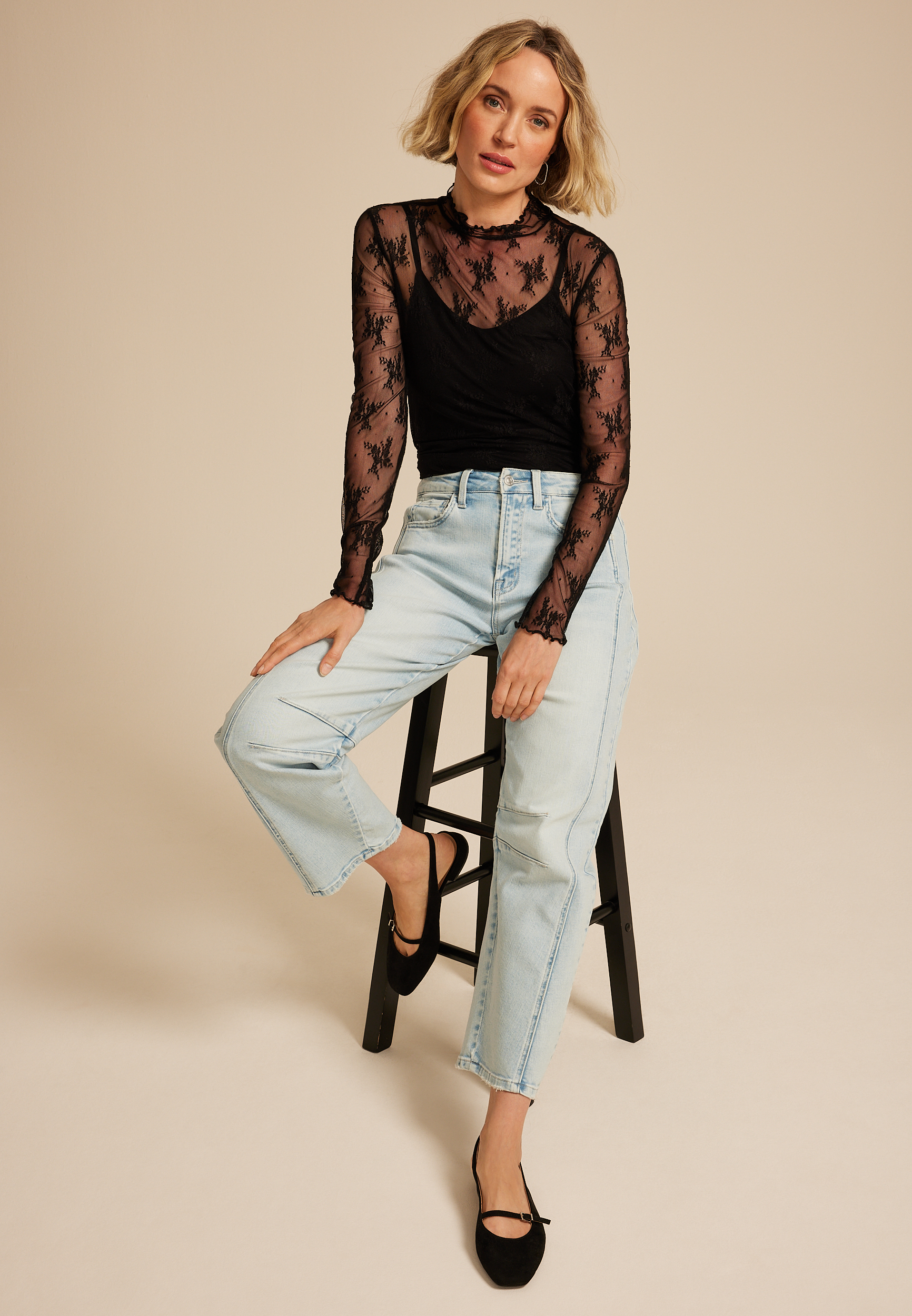 Embroidered Floral Sheer Lace Mock Neck Blouse, C106, large