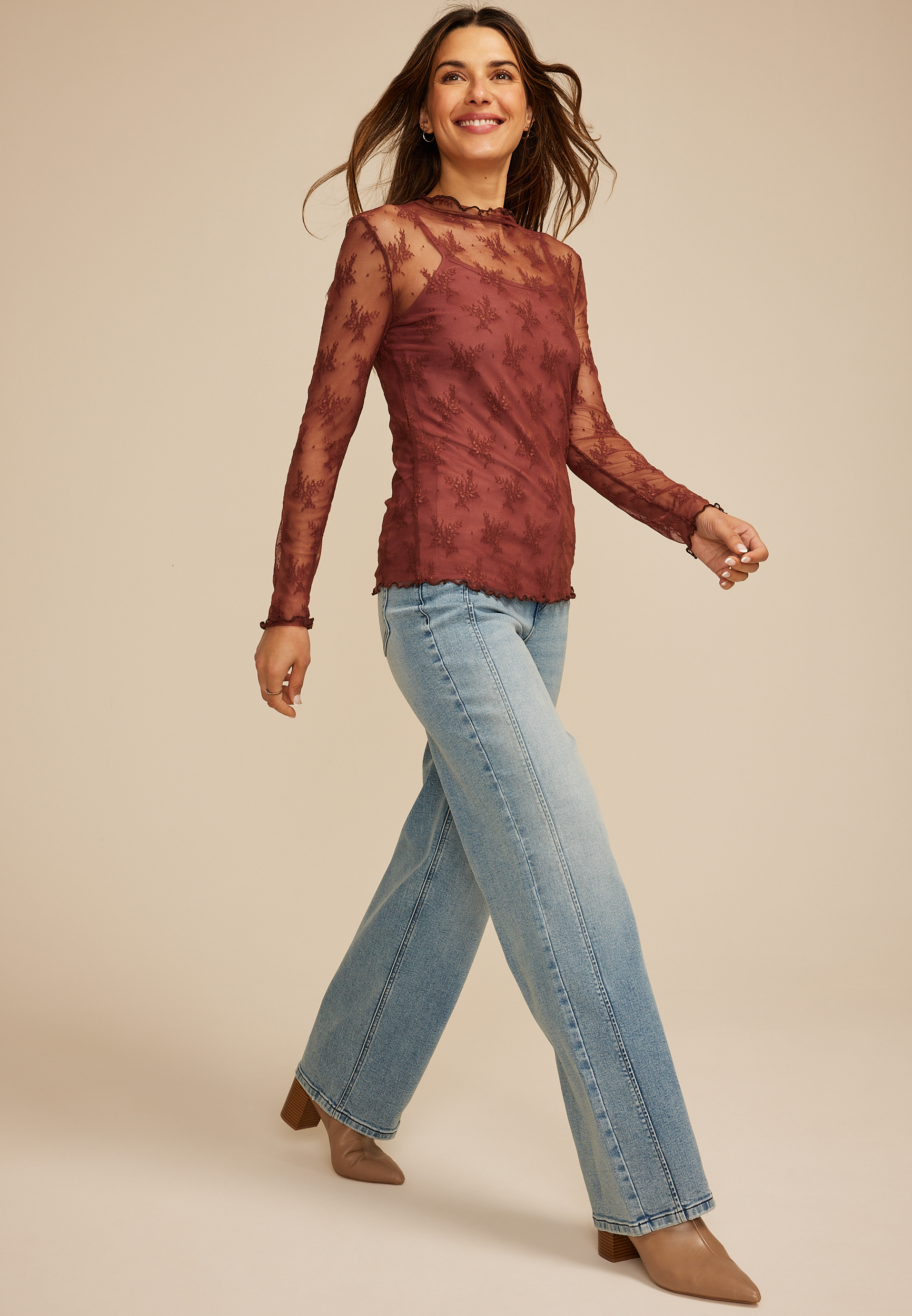 Embroidered Floral Sheer Lace Mock Neck Blouse