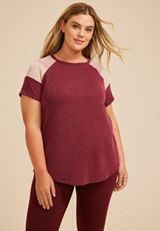 Plus Size Wavy Ribbed Colorblock Raglan Tee, BURGUNDY COMBO, small