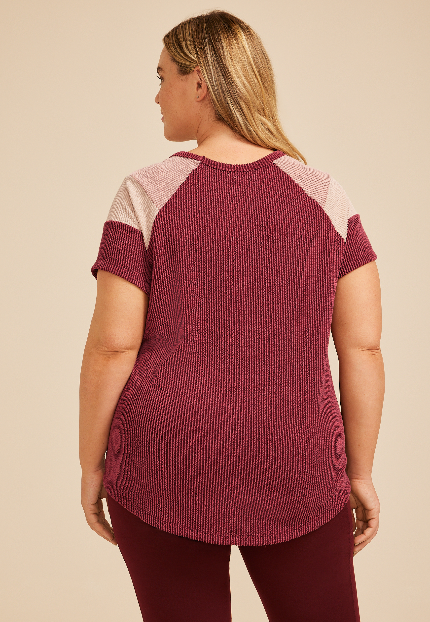 Plus Size Wavy Ribbed Colorblock Raglan Tee, BURGUNDY COMBO, large