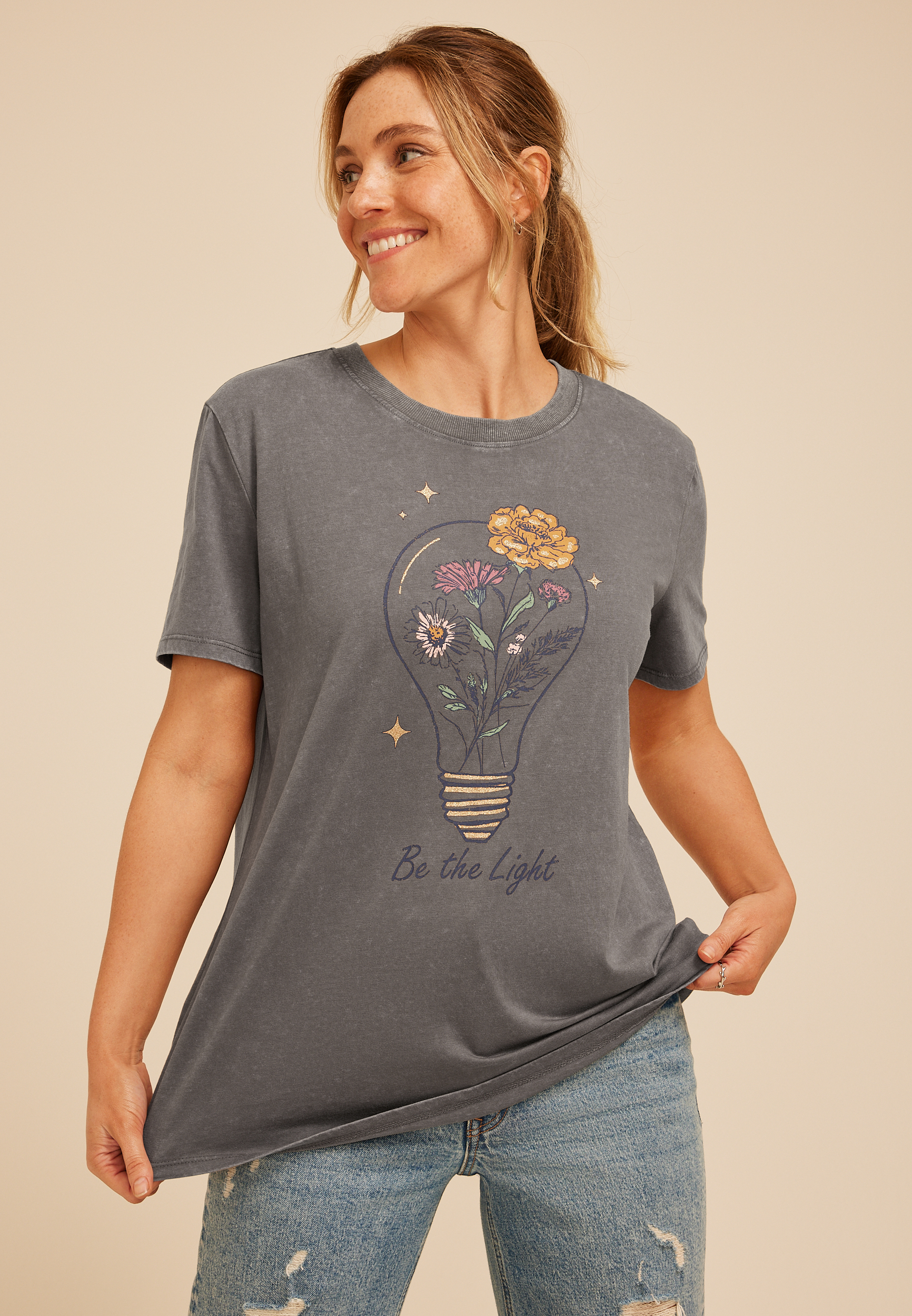 Be The Light Floral Oversized Fit Graphic Tee, C829, large