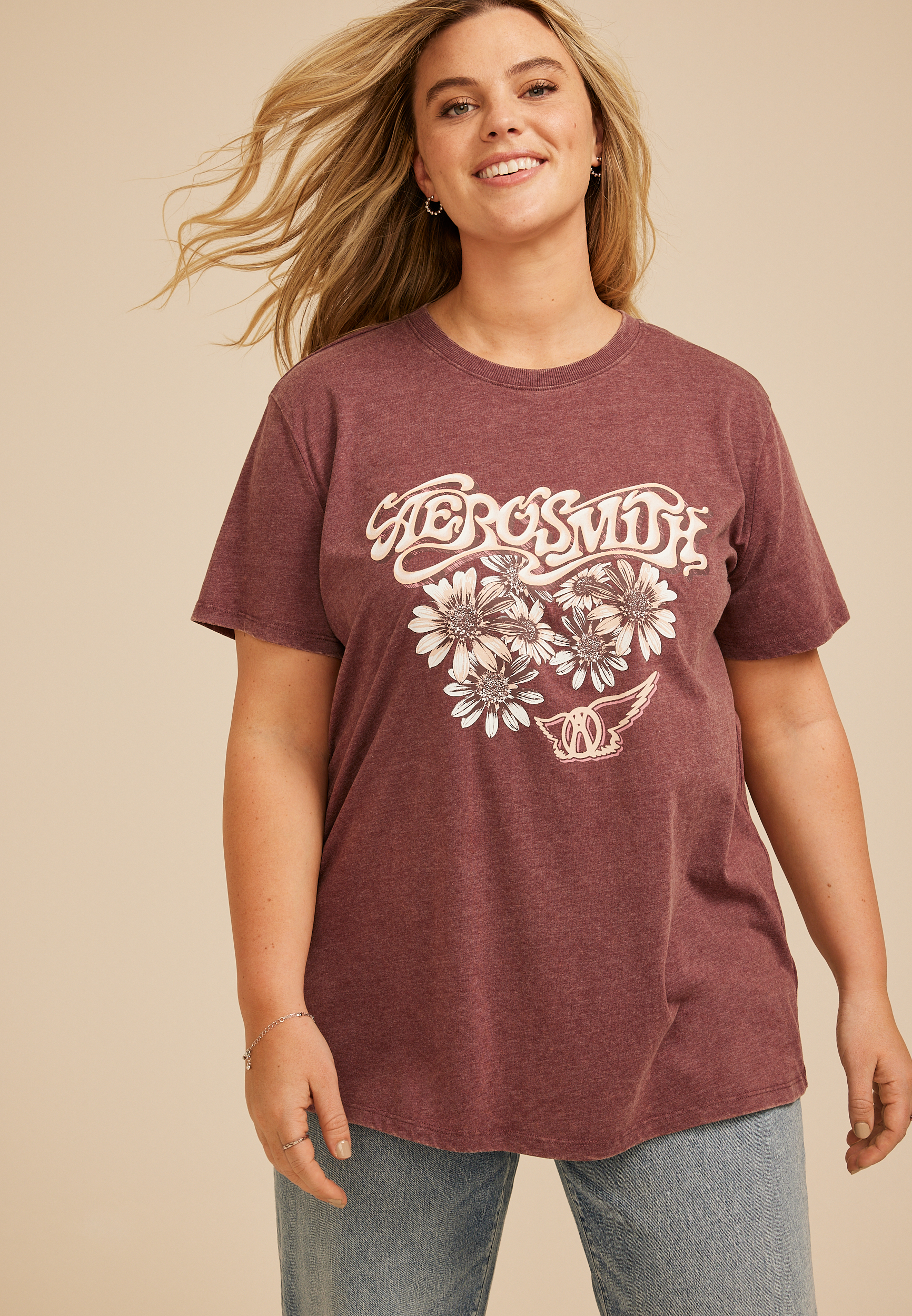 Plus Size Floral Aerosmith Oversized Fit Graphic Tee