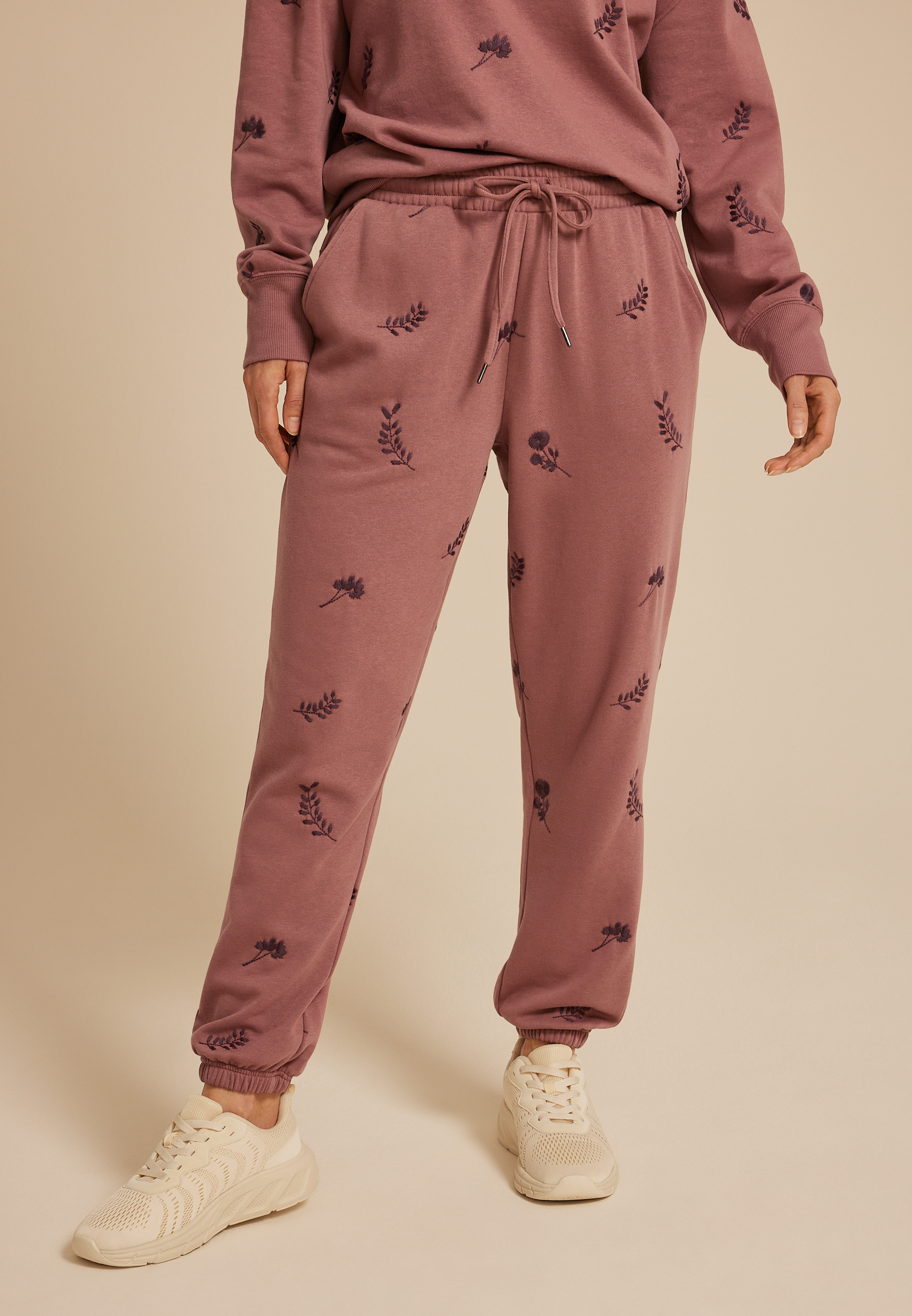 Mauve Floral Embroidered Joggers