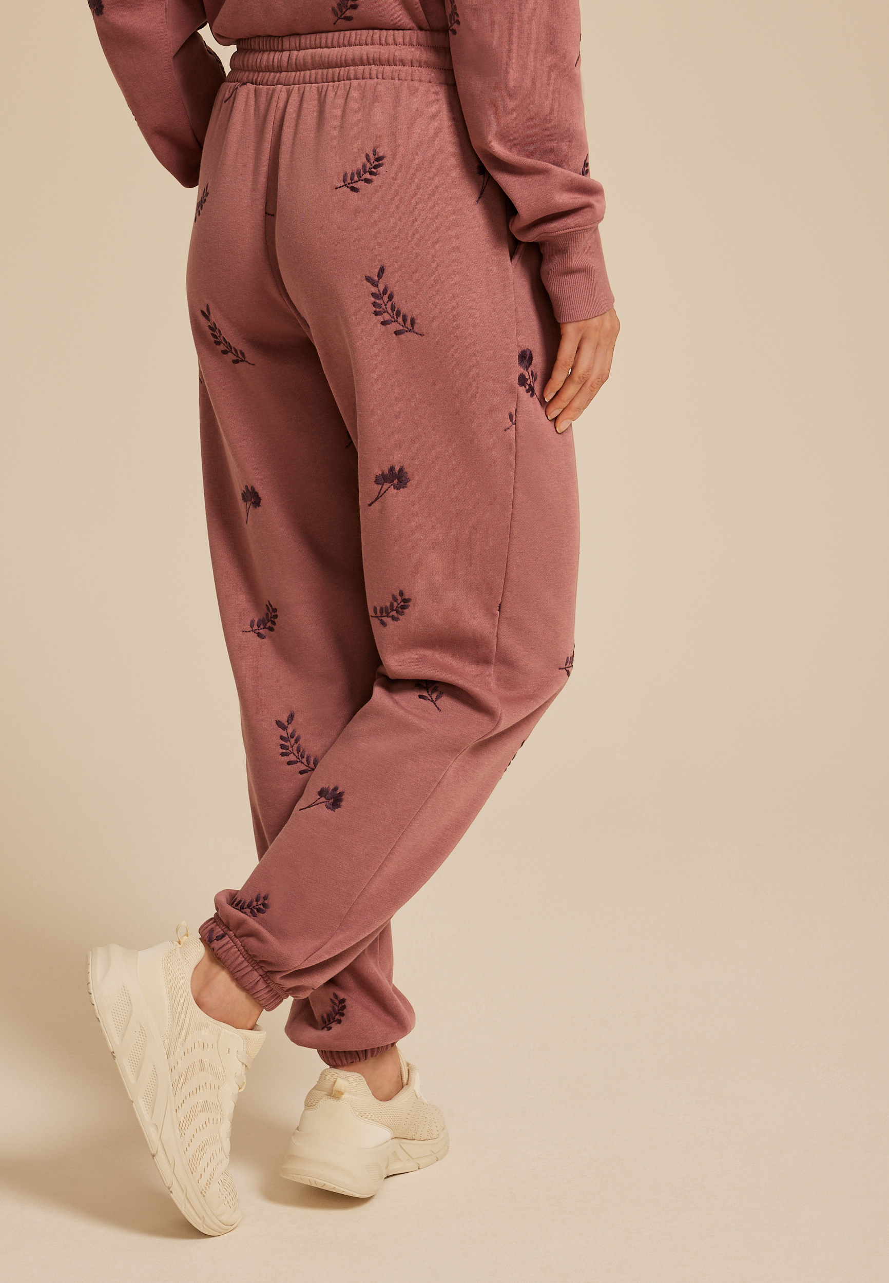 Mauve Floral Embroidered Joggers, , large