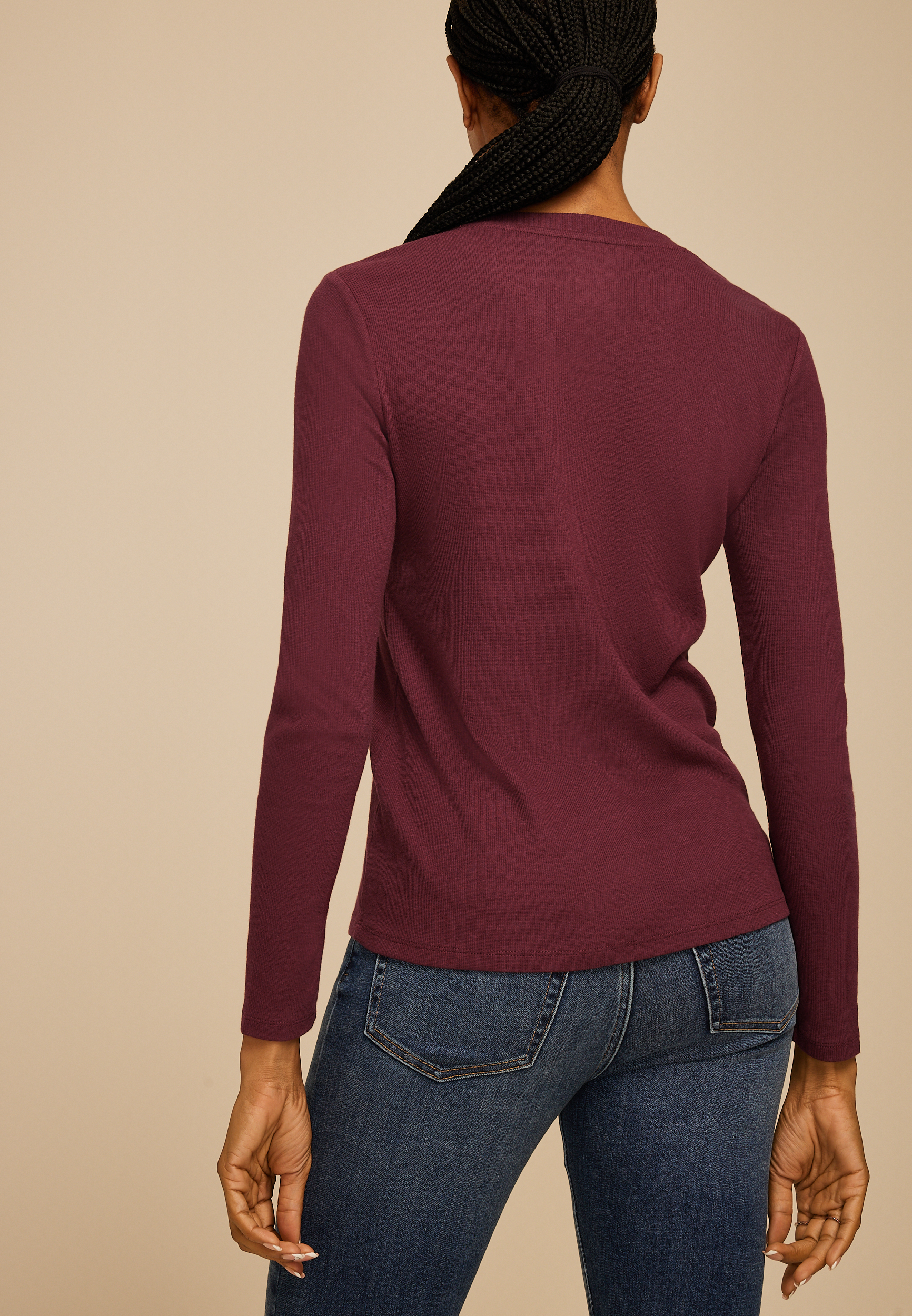 24/7 Ada Ribbed Long Sleeve Tee, TAWNY PORT, large