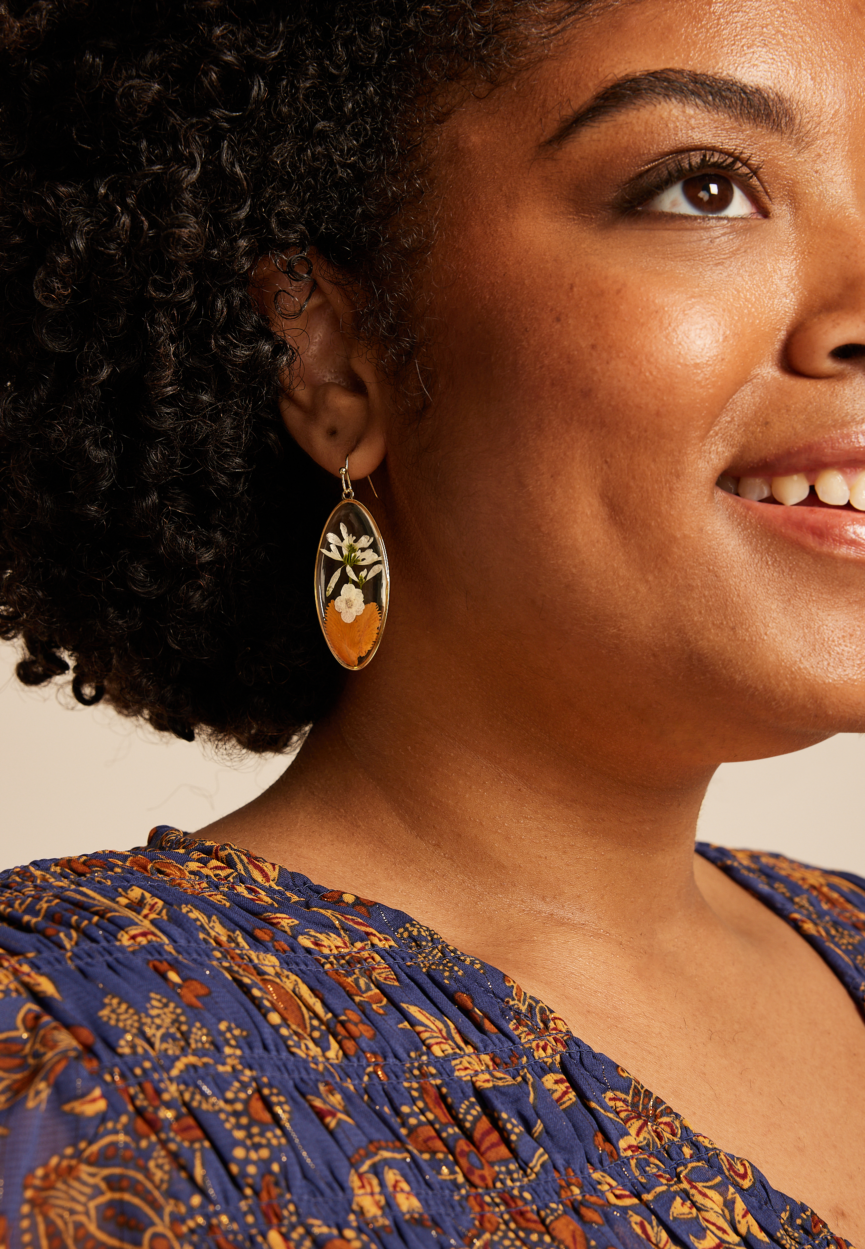 Pressed Fall Floral Oval Drop Earrings, GOLD, large