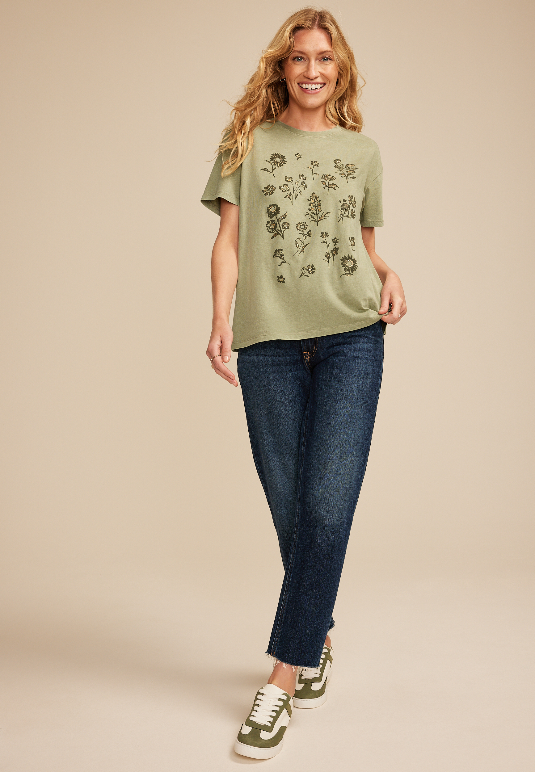 Scattered Floral Relaxed Fit Graphic Tee, GREEN, large