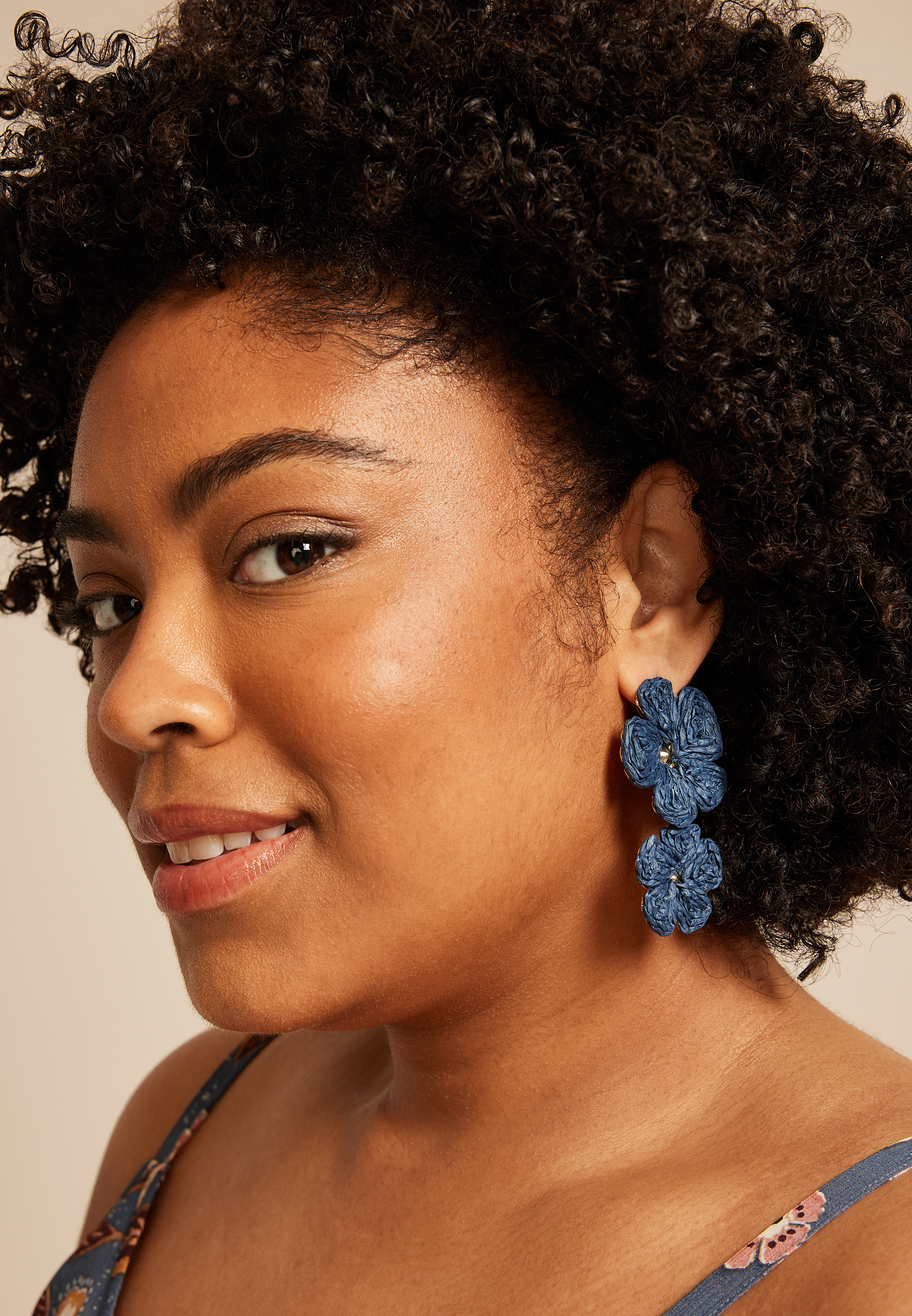 Navy Floral Raffia Drop Earrings, C180, large