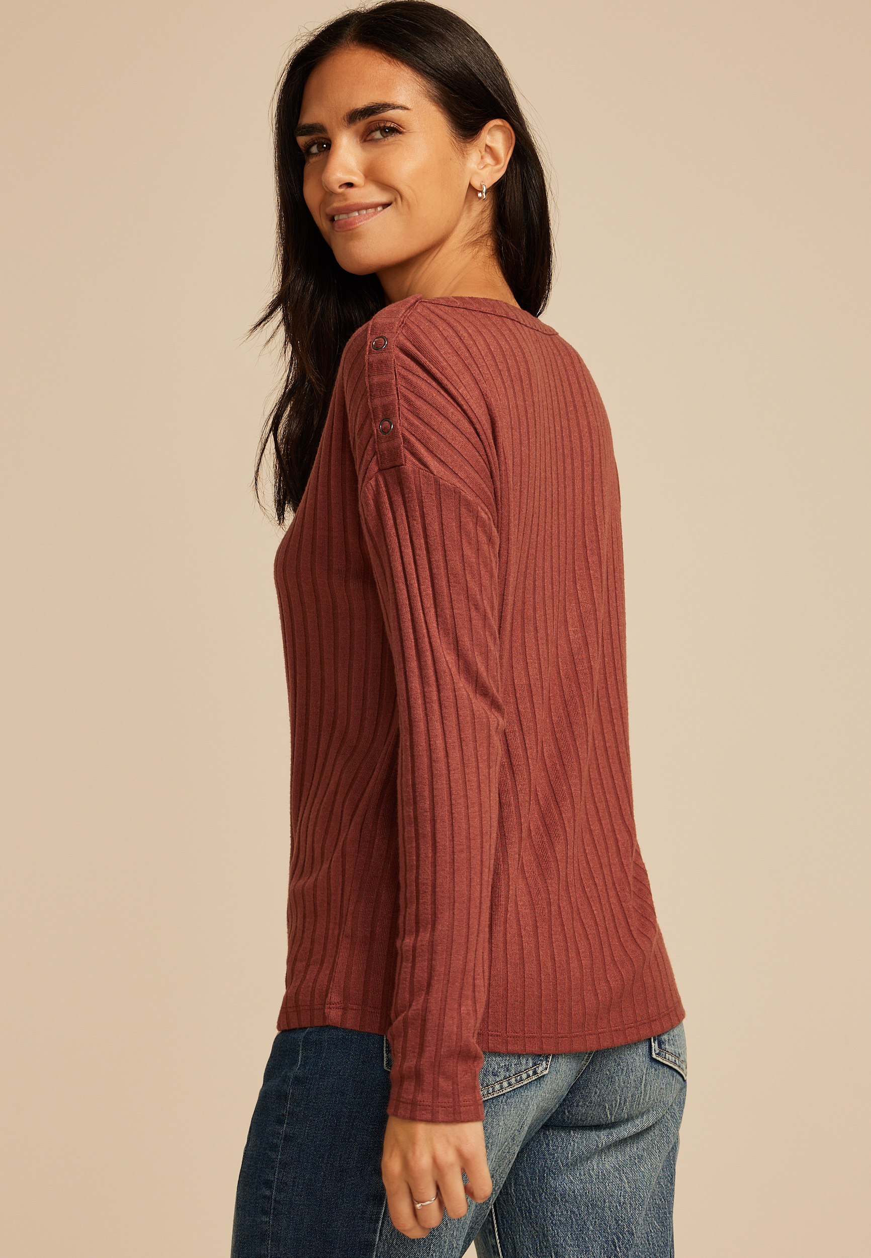 Ribbed Knit Snap Shoulder Top, C8065, large