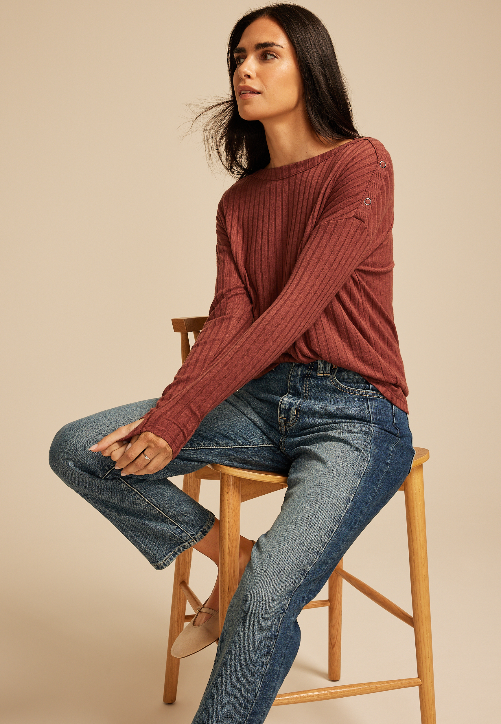 Ribbed Knit Snap Shoulder Top, C8065, large