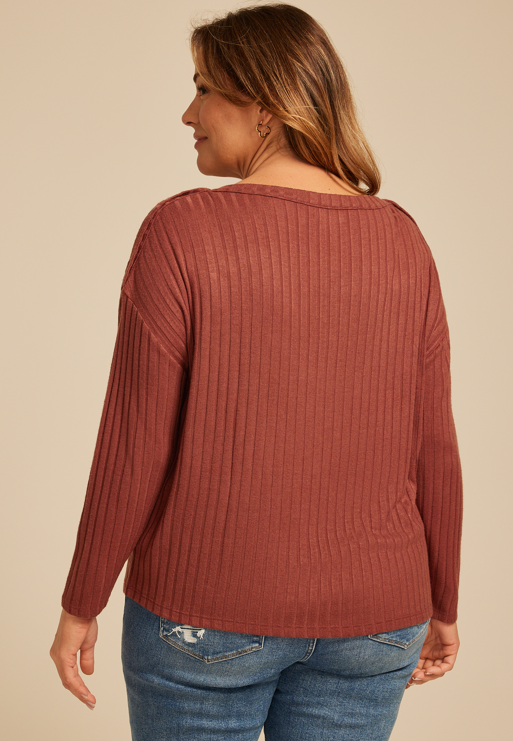 Plus Size Ribbed Knit Snap Shoulder Top, , large