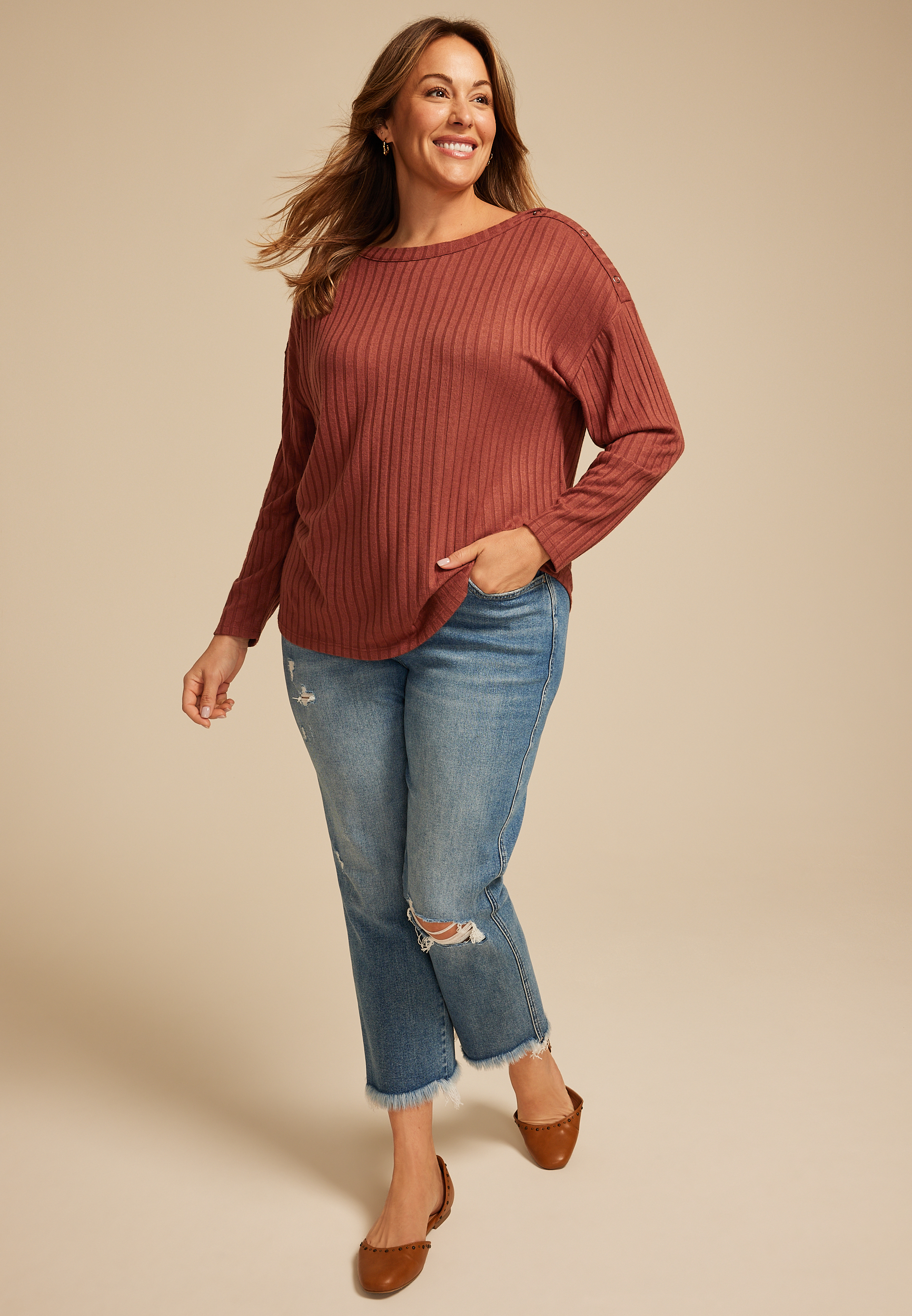 Plus Size Ribbed Knit Snap Shoulder Top, , large