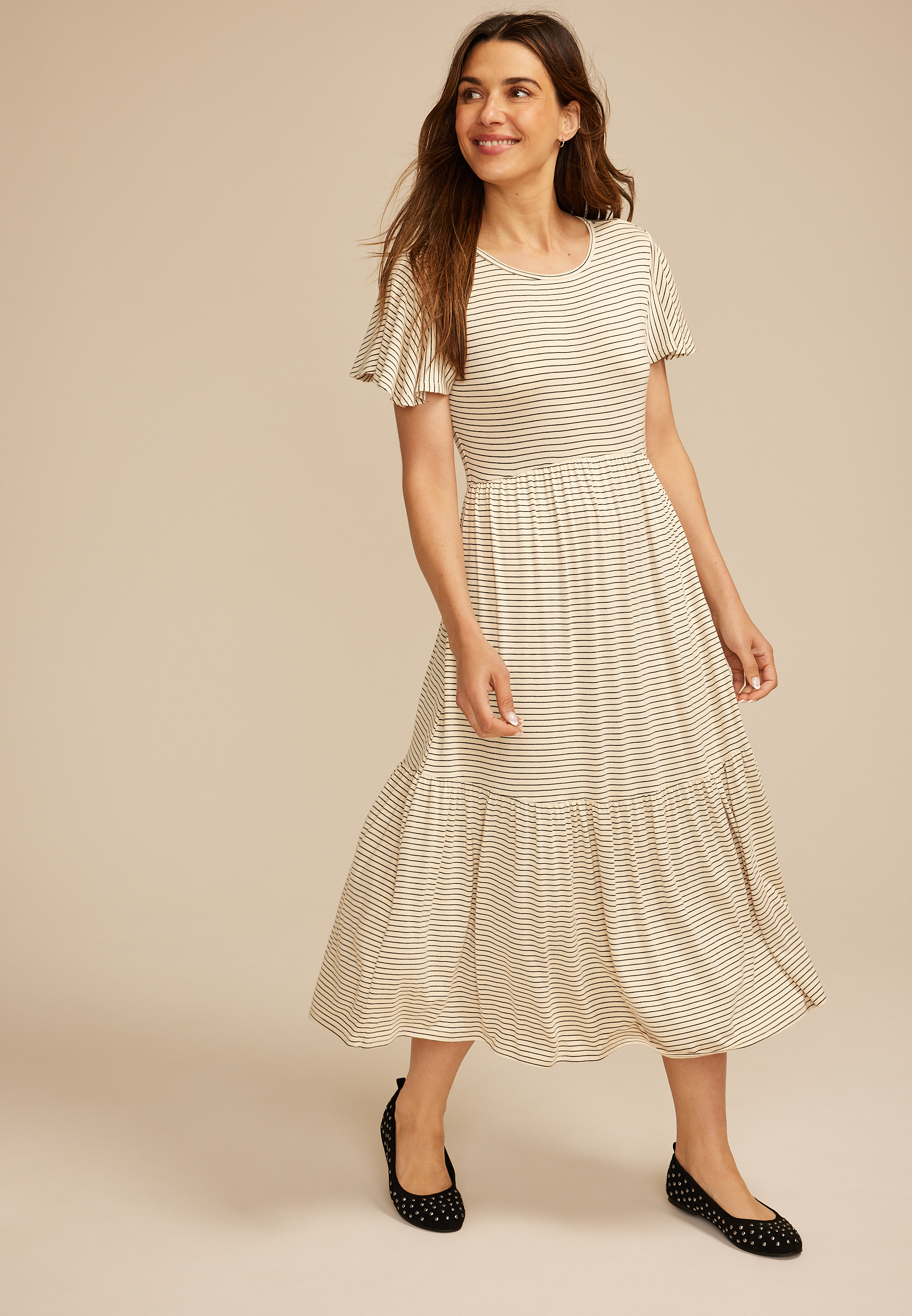 24/7 Flutter Sleeve Striped Midi Dress