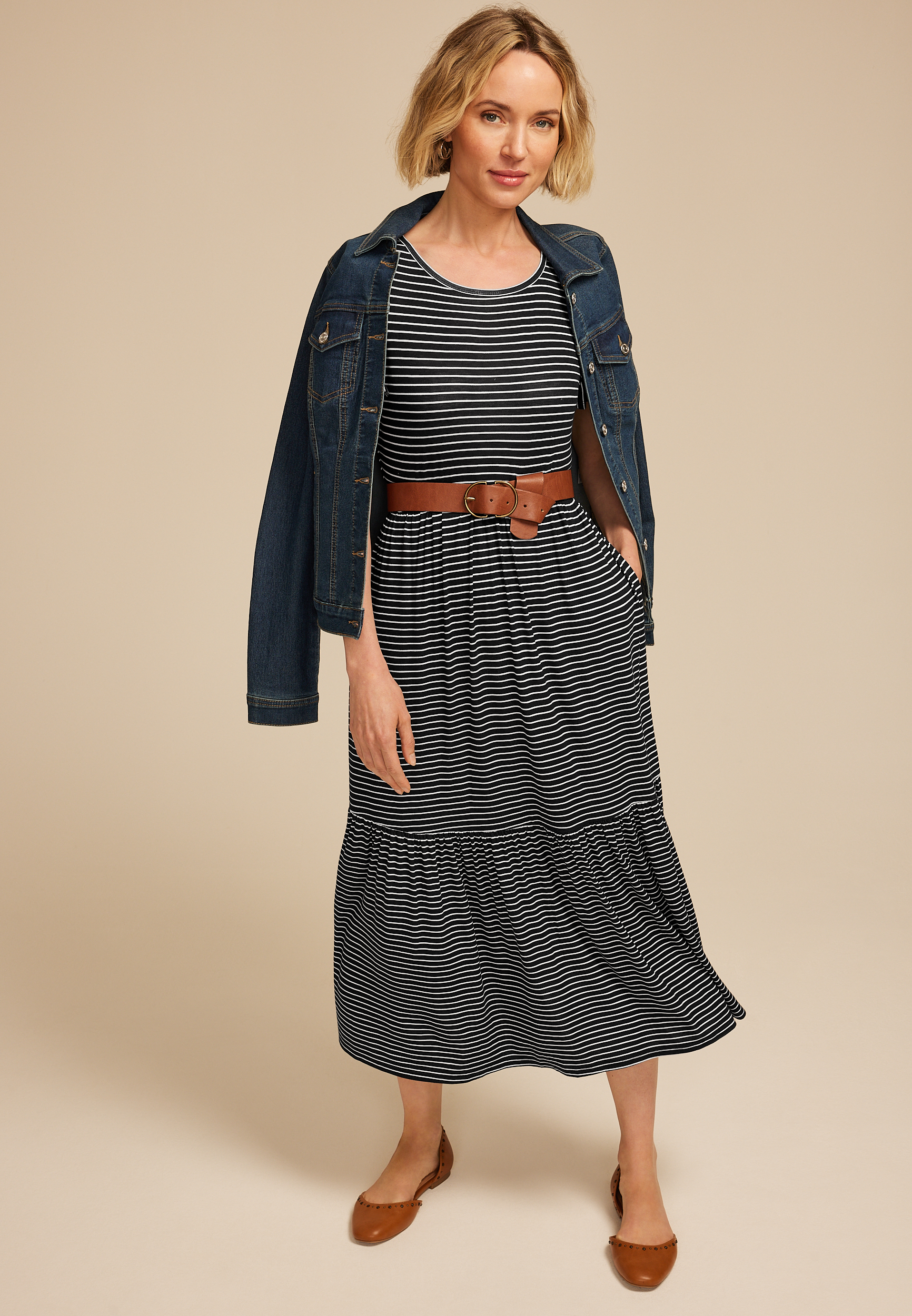 24/7 Flutter Sleeve Striped Midi Dress