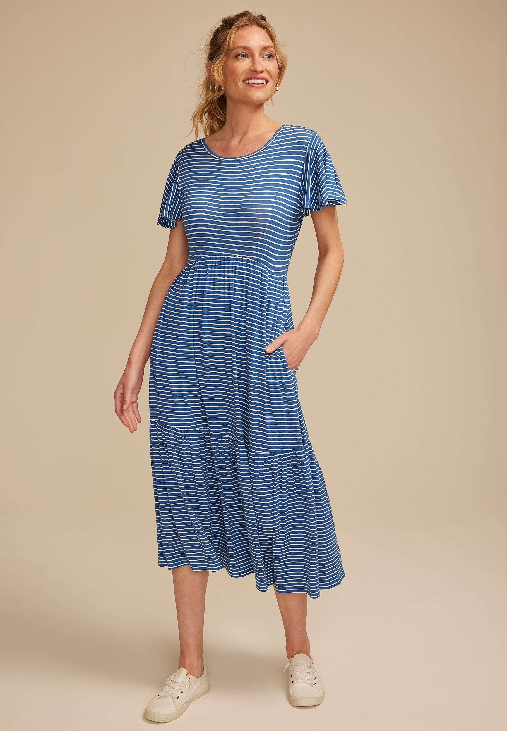 24/7 Flutter Sleeve Striped Midi Dress