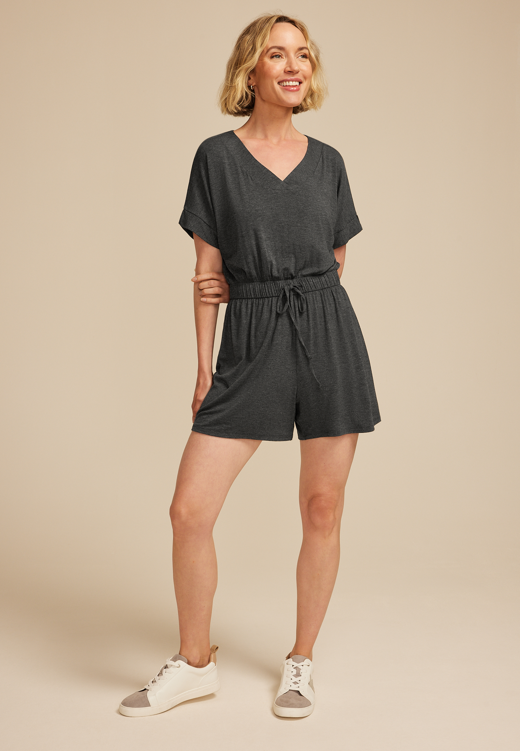 24/7  V Neck Tie Waist Romper, , large