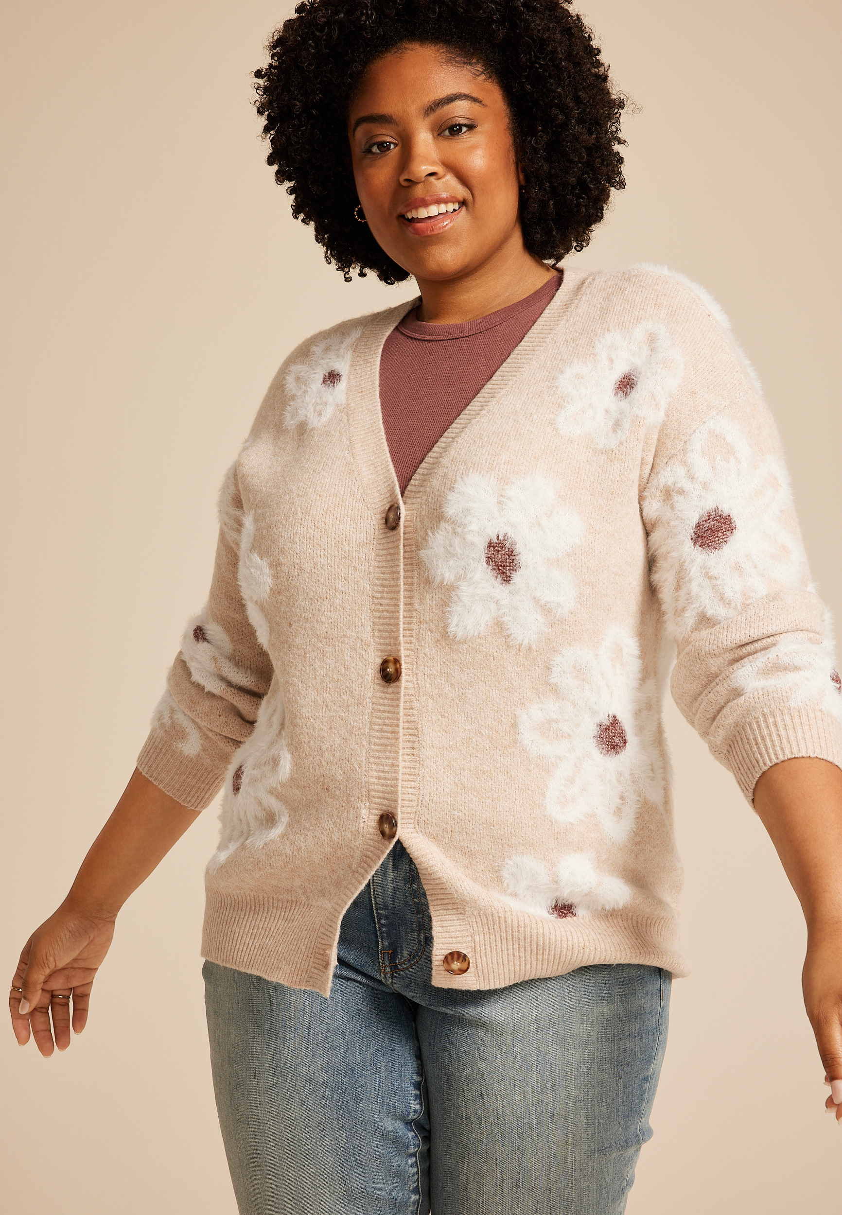 Plus Size Fuzzy Floral Button Front Cardigan
