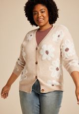 Plus Size Fuzzy Floral Button Front Cardigan, C1008, small