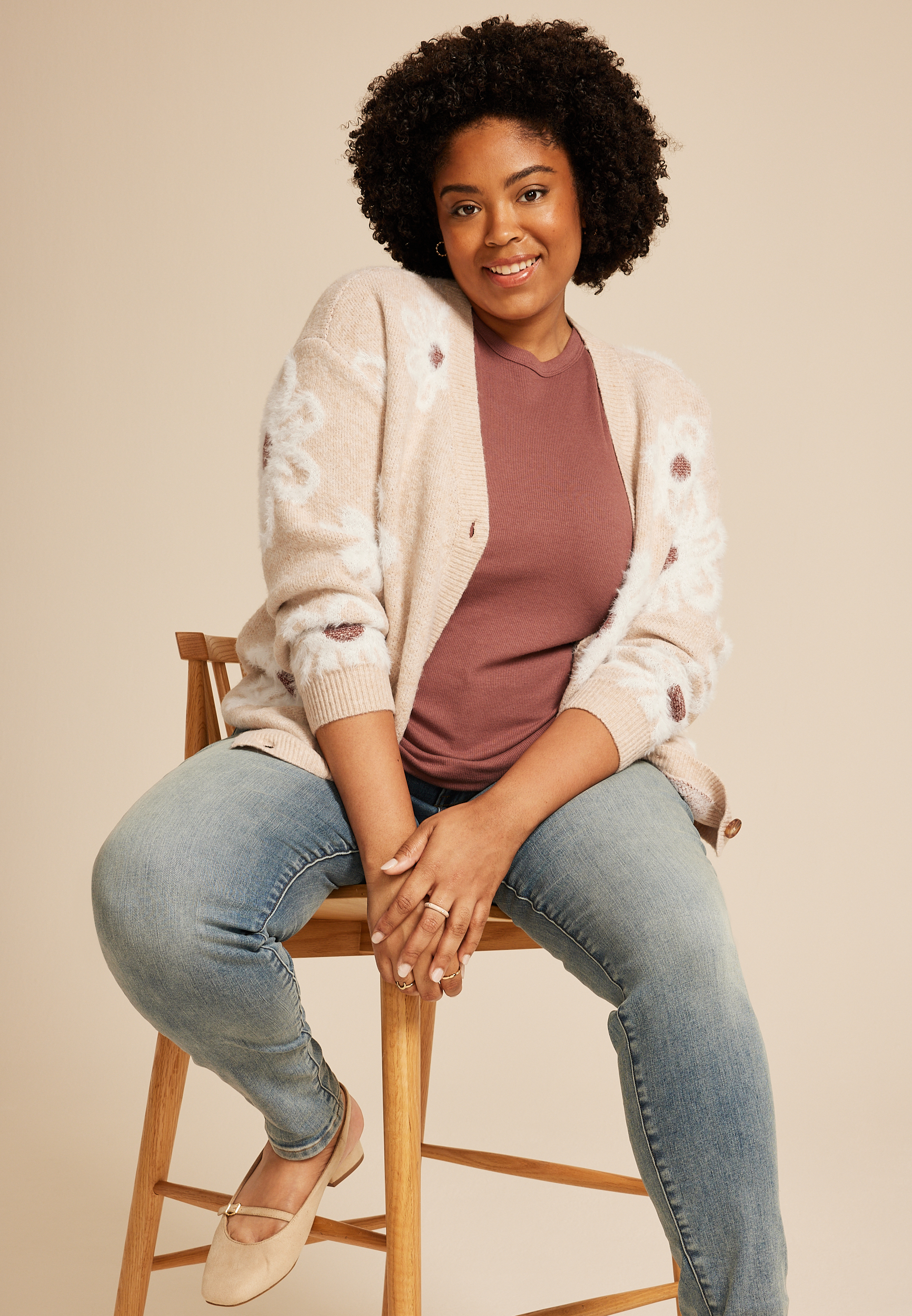 Plus Size Fuzzy Floral Button Front Cardigan, C1008, large