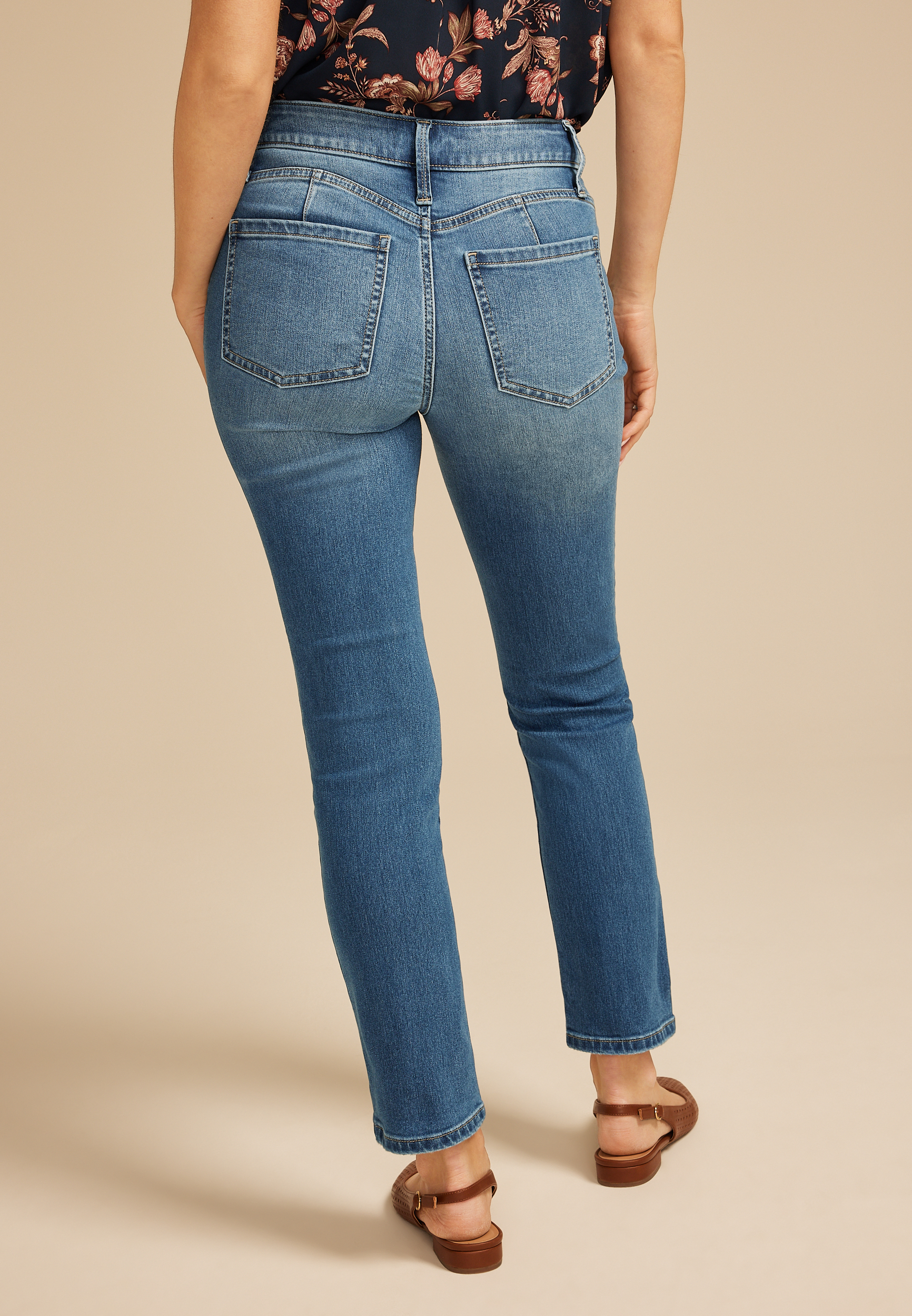 Everflex&trade; High Rise Back Seamed Slim Straight Jean, MEDIUM SANDBLAST, large