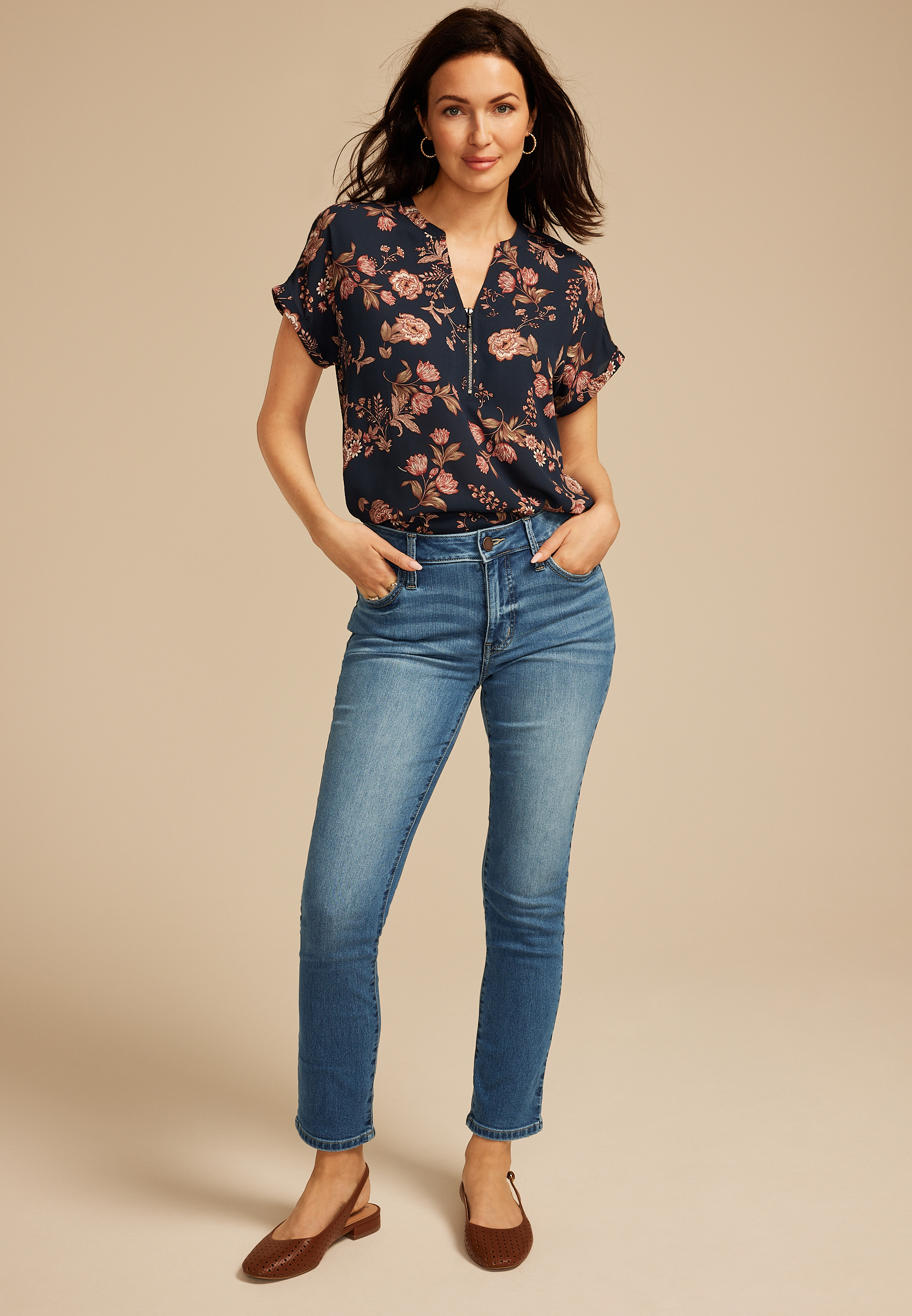 Everflex&trade; High Rise Back Seamed Slim Straight Jean, MEDIUM SANDBLAST, large