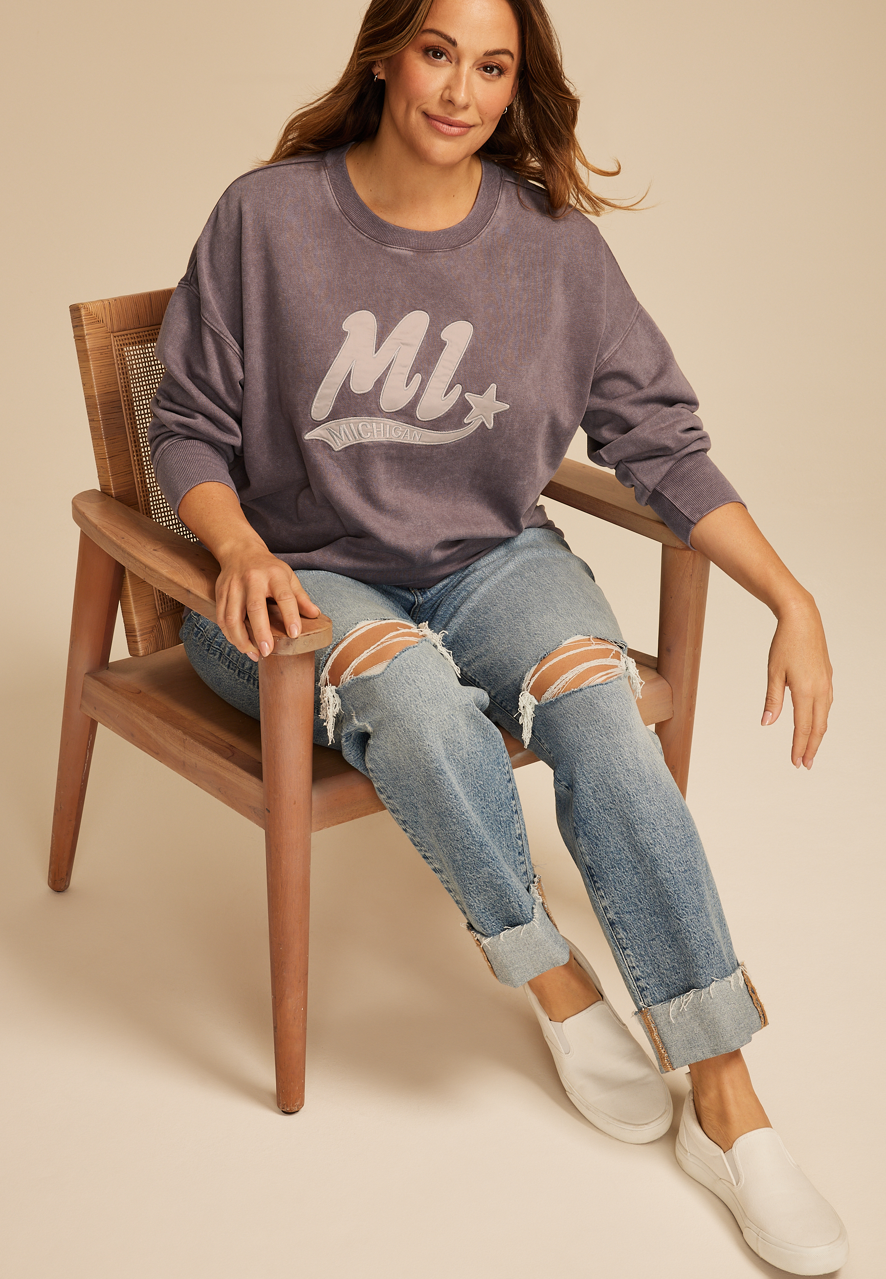 Plus Size State Satin Letter Crew Neck Sweatshirt