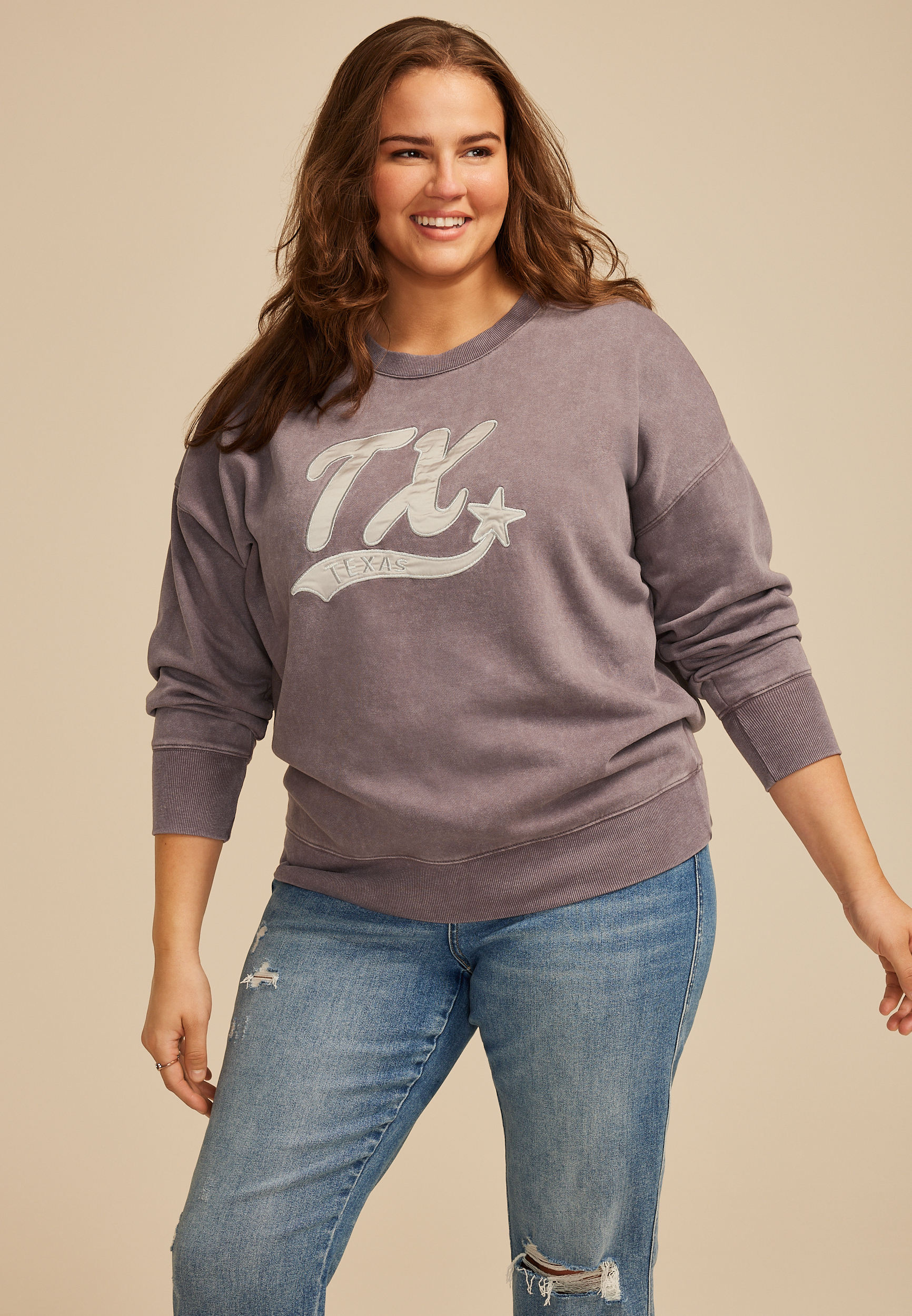 Plus Size State Satin Letter Crew Neck Sweatshirt