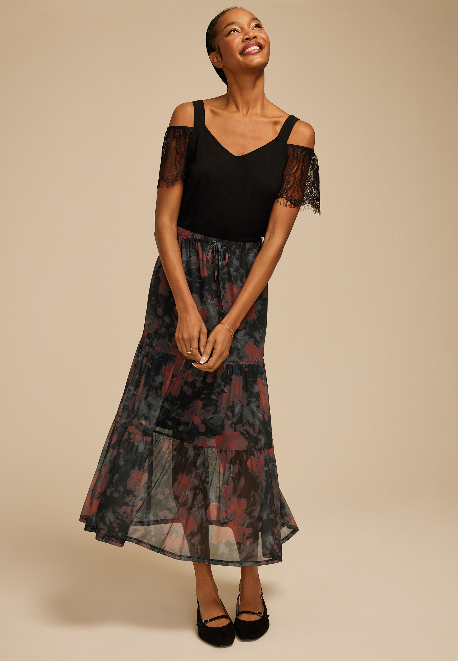 Printed Mesh High Rise Maxi Skirt, C1756, large