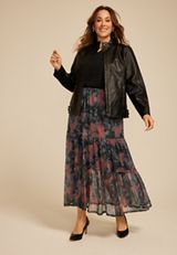Plus Size Printed Mesh High Rise Maxi Skirt, C1756, small