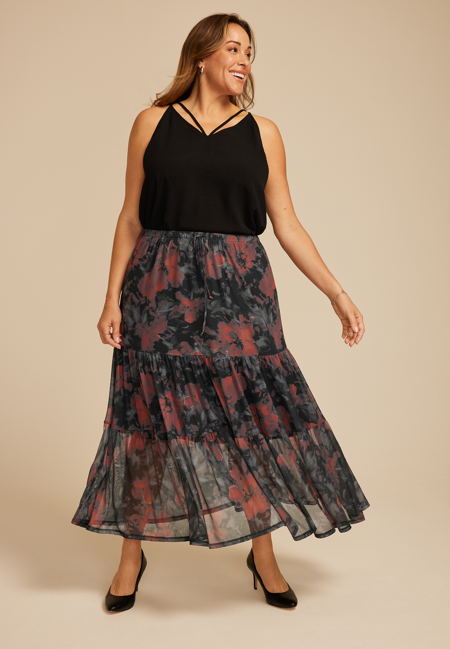 Plus Size Printed Mesh High Rise Maxi Skirt maurices