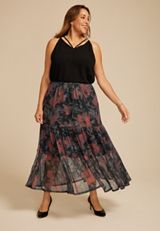 Plus Size Printed Mesh High Rise Maxi Skirt, C1756, small