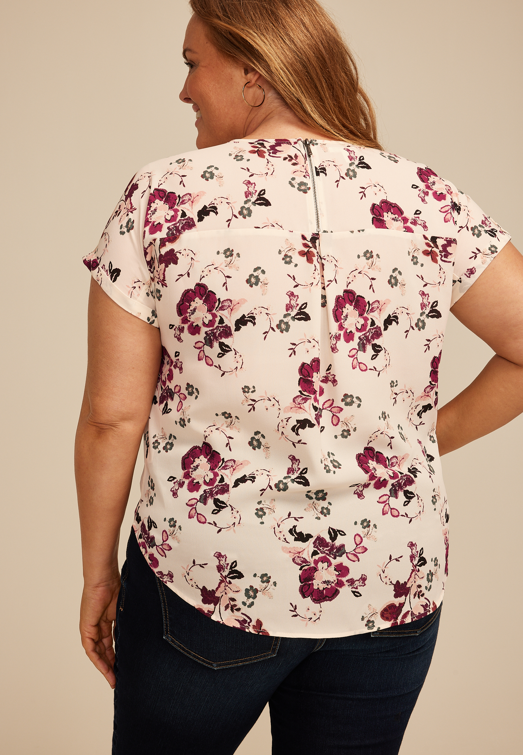 Plus Size Delton Floral Zipper Back Blouse, MULTI, large