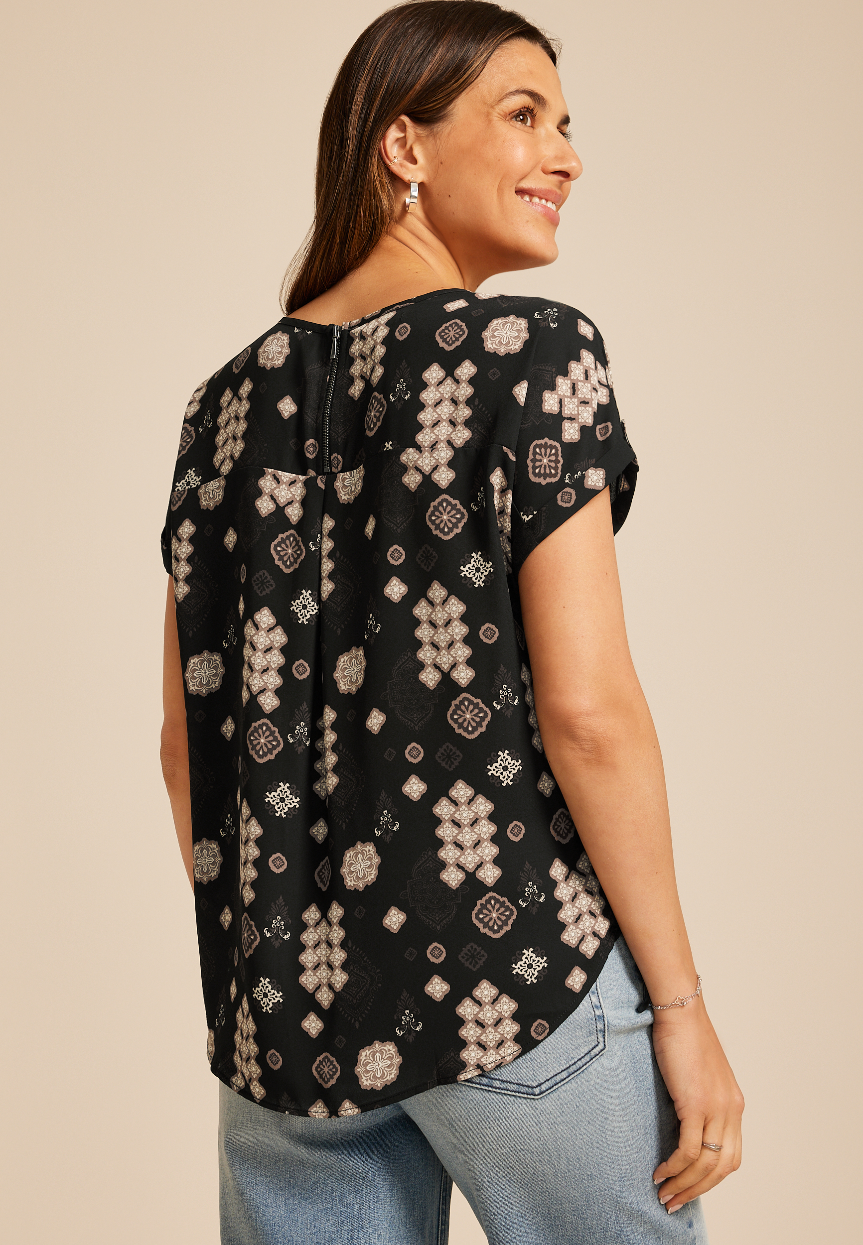 Delton Geo Print Zipper Back Blouse, BLACK COMBO, large