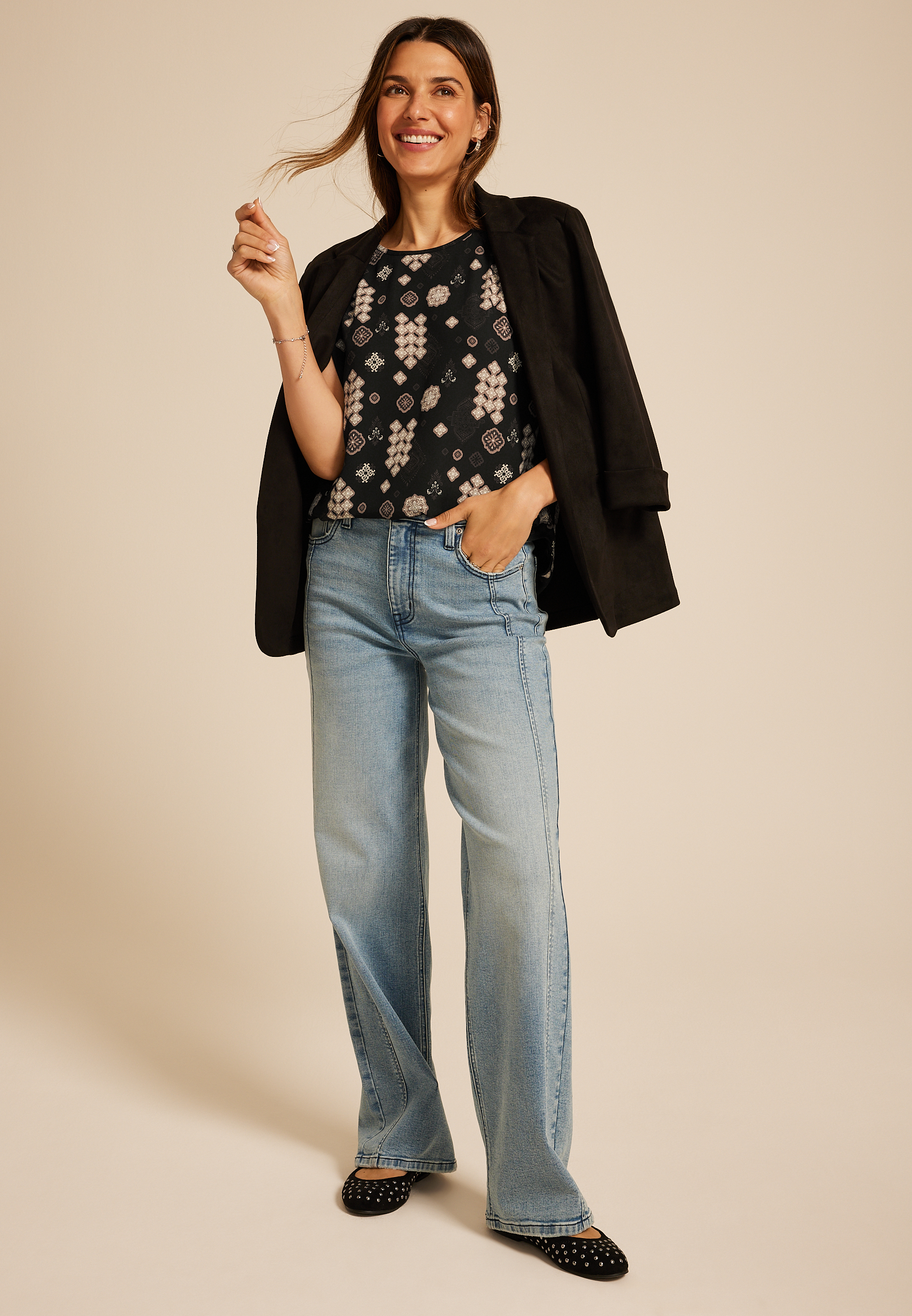 Delton Geo Print Zipper Back Blouse, BLACK COMBO, large